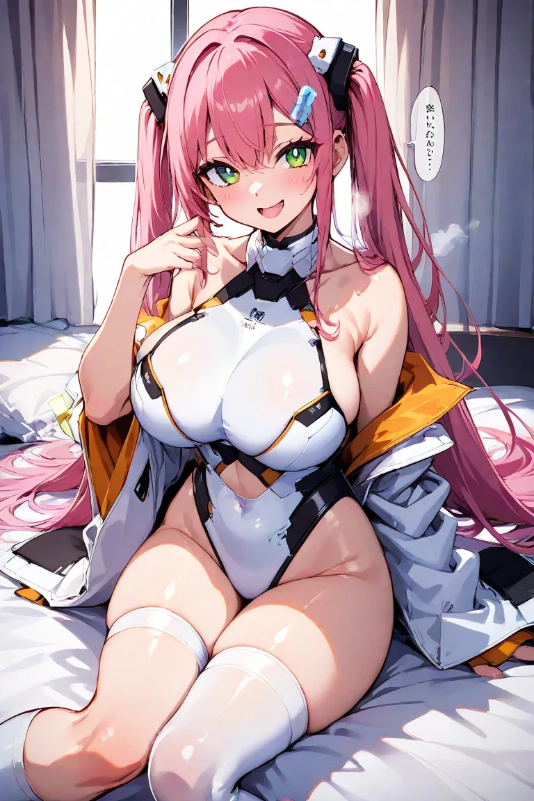 zero two \(darling in the franxx\), darling in the franxx, 1girl, bangs, biting, blush, covered navel, eyeshadow, green eyes, hair behind head, hand on hip, horns, smile, long hair, looking at viewer, makeup, pilot suit, red suit, pink hair, red eyeshadow, science fiction, skin tight, solo, ((masterpiece)),camel toe, (breast:1.4), 8k, (thick thighs:1.3), beautiful, boner in pants