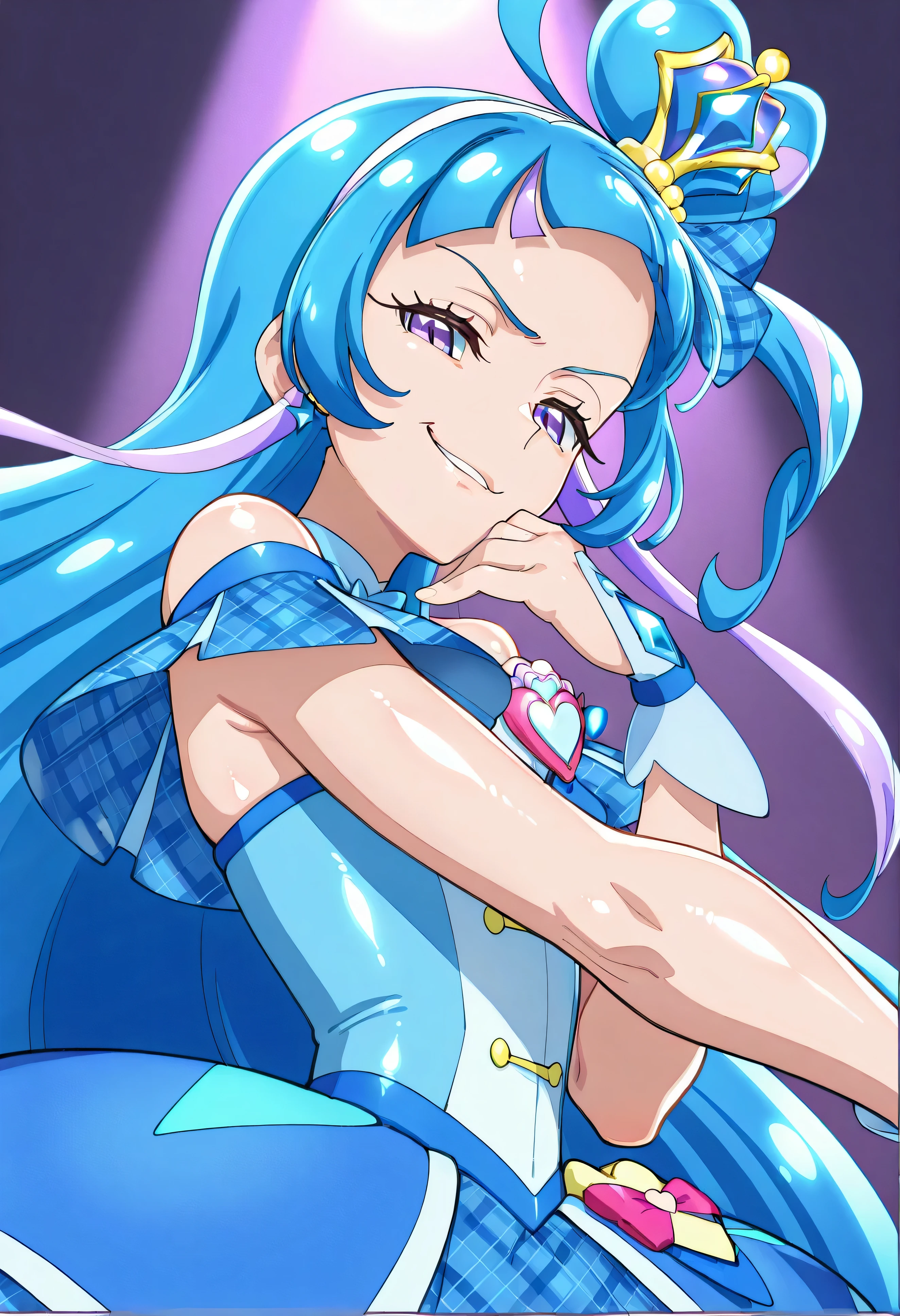 、 look down、from below、 BREAK、cure ink 、Cure Winx 、idol you and idol Pretty Cure blue hair、Magical Girl、 mini crown、PURPLE EYES, blue dress ,Angled hat,Very Long Hair,sober bang,Bareshoulder,Headband,,,nsfw,(Smirk:1.8),obscene,top quality,very detailed images,single,1 girl,(shiny skin:1.7),