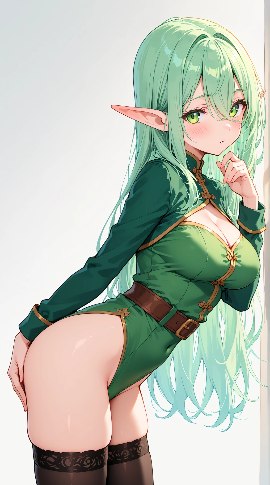 (masterpiece, best quality), 4k, intricate details, 1girl, high_elf_archer, elf, highres, pointy ears, green hair, long hair, green eyes, hair bow, torn clothes, showing breats, showing pussy, nsfw, sexy pose, sexy face, blush (pink cheek), erotica, brown cloak, ripped green thighhighs, medium breasts, cowboy shot, sexy pose, seductive, erotica, hot, sexy, sexy body, natural skin texture, pussy, pretty pussy, wet.