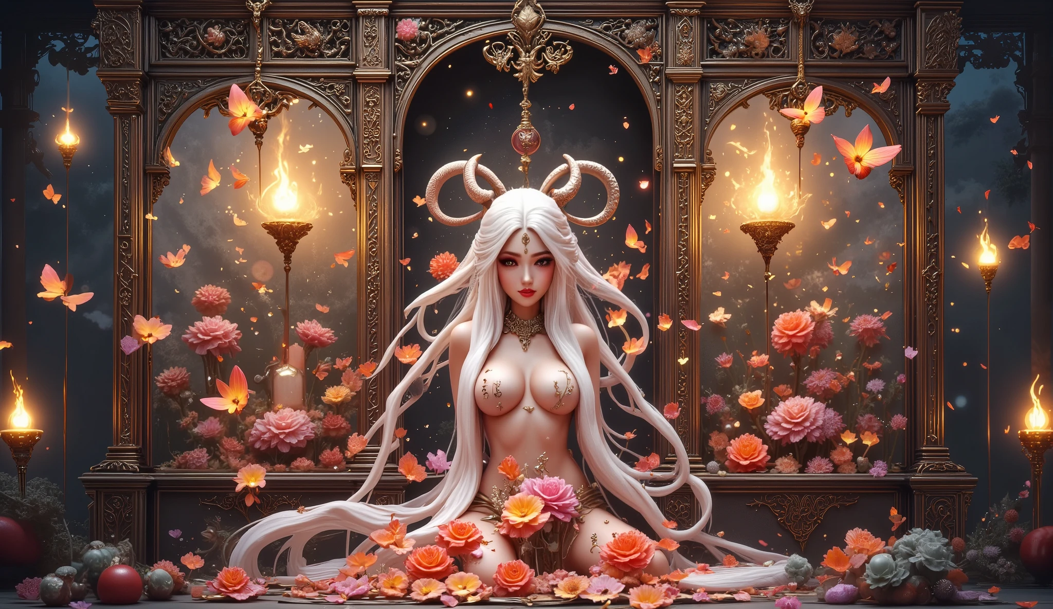 (((8k RAW photo, hyper realistic, masterpiece, best quality, crisp detail, high definition, high detail, very rich detail, sharp focus, sharp detail, colorful, rich color, cinematic, perfect studio lighting, full body photograph, mystic atmosphere))), (((fully naked) young colorful love goddess, (fully nude), (adorable beautiful baby face, evil round face, smooth straight long hair goddess, shinning rainbow haired goddess, rainbow eyed goddess, medium breast), (spreading legs on the throne), smooth body, ideal body, evil smile)), ( (showing ((pussy, vagina, genital, nipples)))), ((poisonous roses with liquid poison,flower temple)),