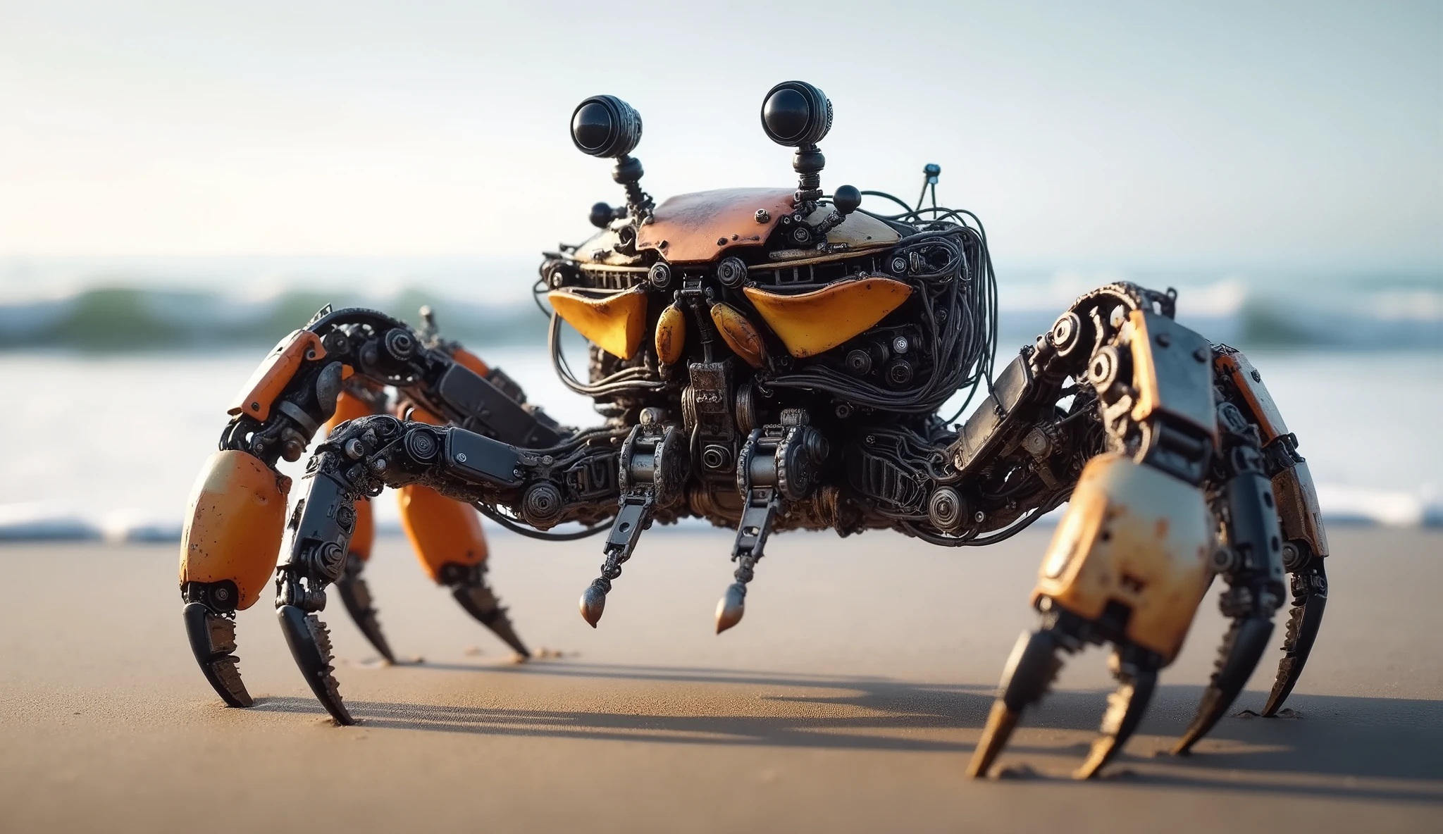 The image depicts a highly detailed, a steampunk robotic crab on a sandy beach with waves crashing in the background. The crab is made of an intricate set of metal parts, fun, and, with weathered, industrial look. Its body has a yellow-orange shell, , and its legs and claws are decorated with black and silver components, including large, ball joints and small mechanical eyes on stalks. The action takes place under a soft, Natural light, , and the ocean and sky create a calm, but a contrasting background for the mechanical creature.