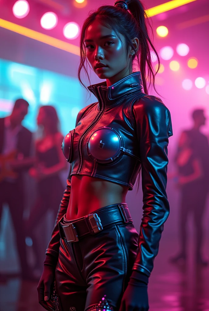 a very beautiful and very thin girl, black pigtails, wears red underwear with tights and latex face mask, dark room with outside neon lighting, viele details, extremely realistic, European comic book aesthetic, good quality, HD, 8k, type font: KINA SOZIOC