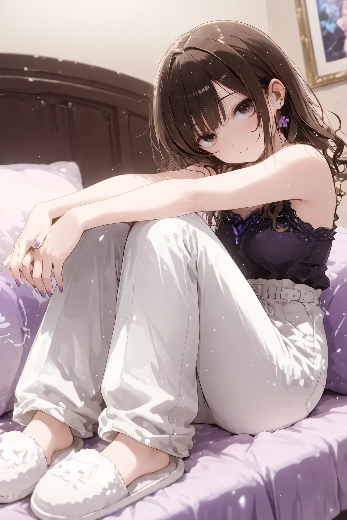 A light skin girl short curly dark brown hair, dark brown eyes, purple nails, 1,68 tall wearing a black Top end low waist pants and White slippers in you room