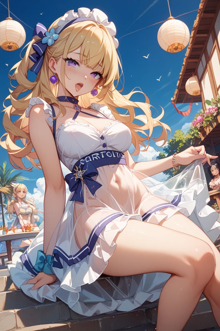 1girl, solo, large breasts, fischldef, embarrassed, ;o, one eyes closed, beach, kneeling, spread legs, skirt lift, lifting own skirt