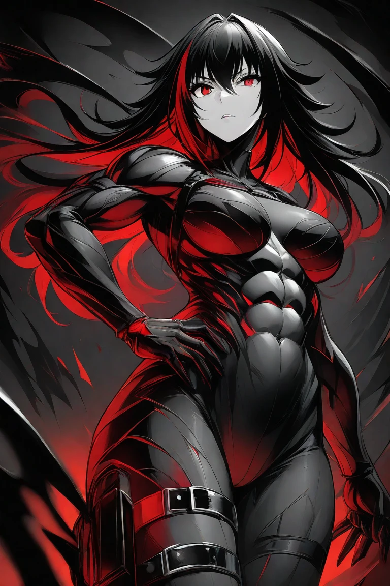 I want you to create the image of a woman, she has long dark hair and two dark horns on her forehead, red eyes and dark pupils, its entire body is covered in darkness with small red details, she has a toned physique with voluminous thighs and large pecs, Your whole body is covered in darkness, except your pale face, she has o, darker his body and a more intense dark and red aura surrounding his body, She has a red halo between her horns and her arms are crossed., his entire body except his pale face is covered in very dark darkness, and has red details 