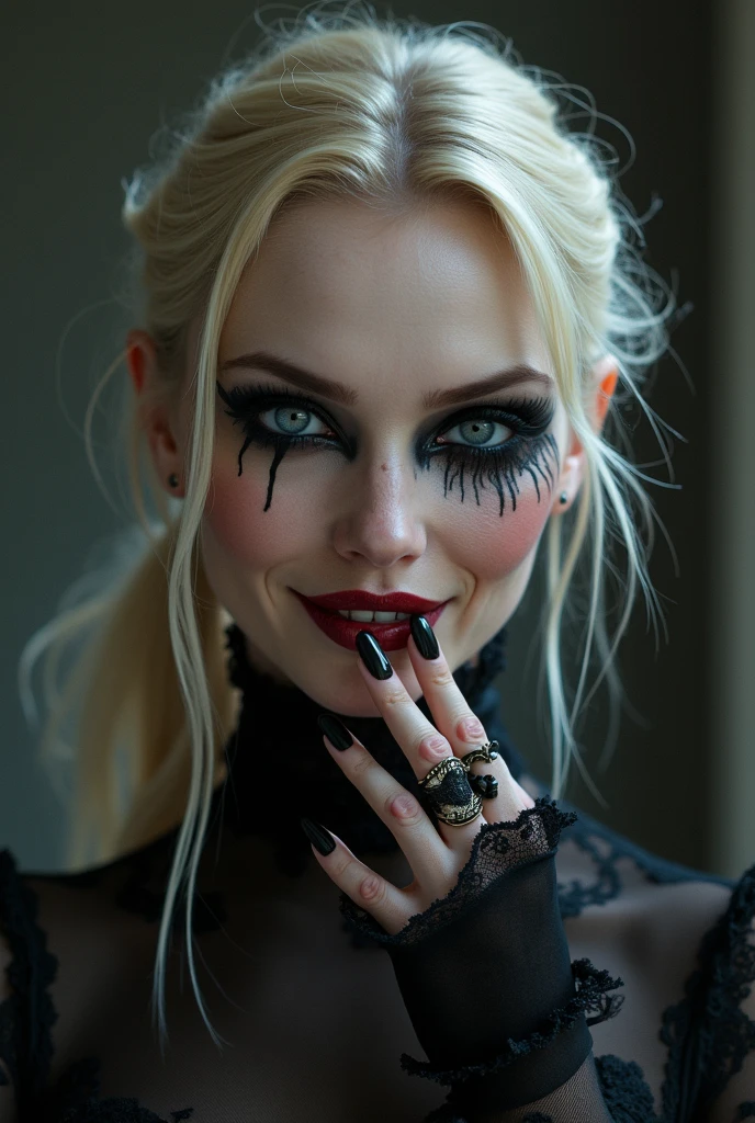 predator girl with long, curly, blonde hair. perfect large bright red-colored eyes, with painted stripes and painted eyelashes, large and fleshy lips with red lipstick, gaze and mischievous smile. He has a thin face and marked cheekbones. She is dressed with black gothic. Full body photo.