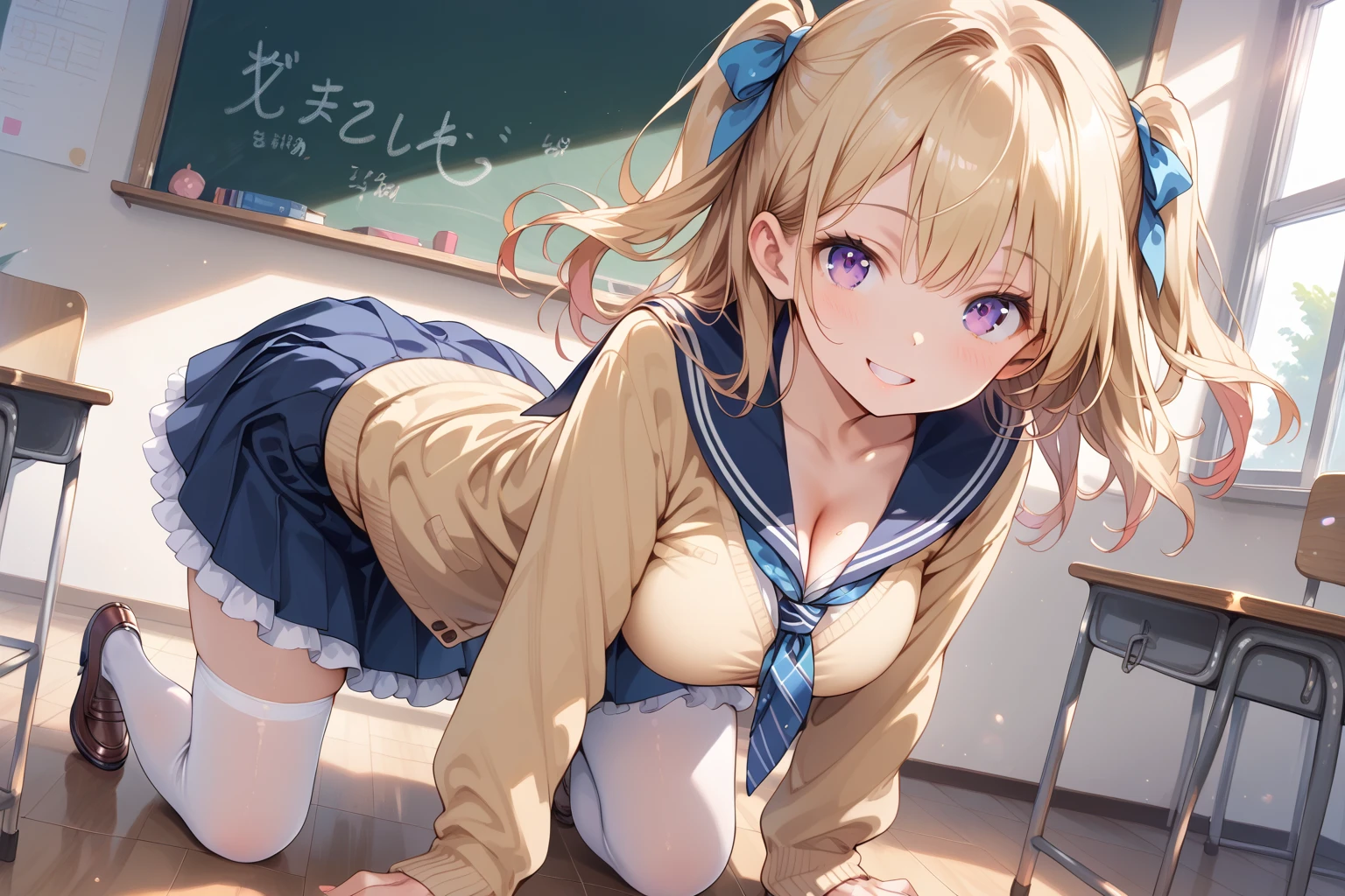 ((Correct Anatomy)),(Female student),((school uniform)),((Sailor suit)),((White lace panties)),(Mini Pleated Skirt),(((White loose socks))),((squat)),Ultra-high resolution,Mature Woman, Mature Woman, Very detailed,Sunburned skin,Brown Skin,((Beautiful feet)),(Big Breasts),((Beautiful legs)),Perfect hands, Detailed fingers, Beautiful details, ((Long blonde hair)),((ponytail)),Black Choker, Earrings,loafers,Embarrassing,Perfect Eyes, Captivating eyes,(School)