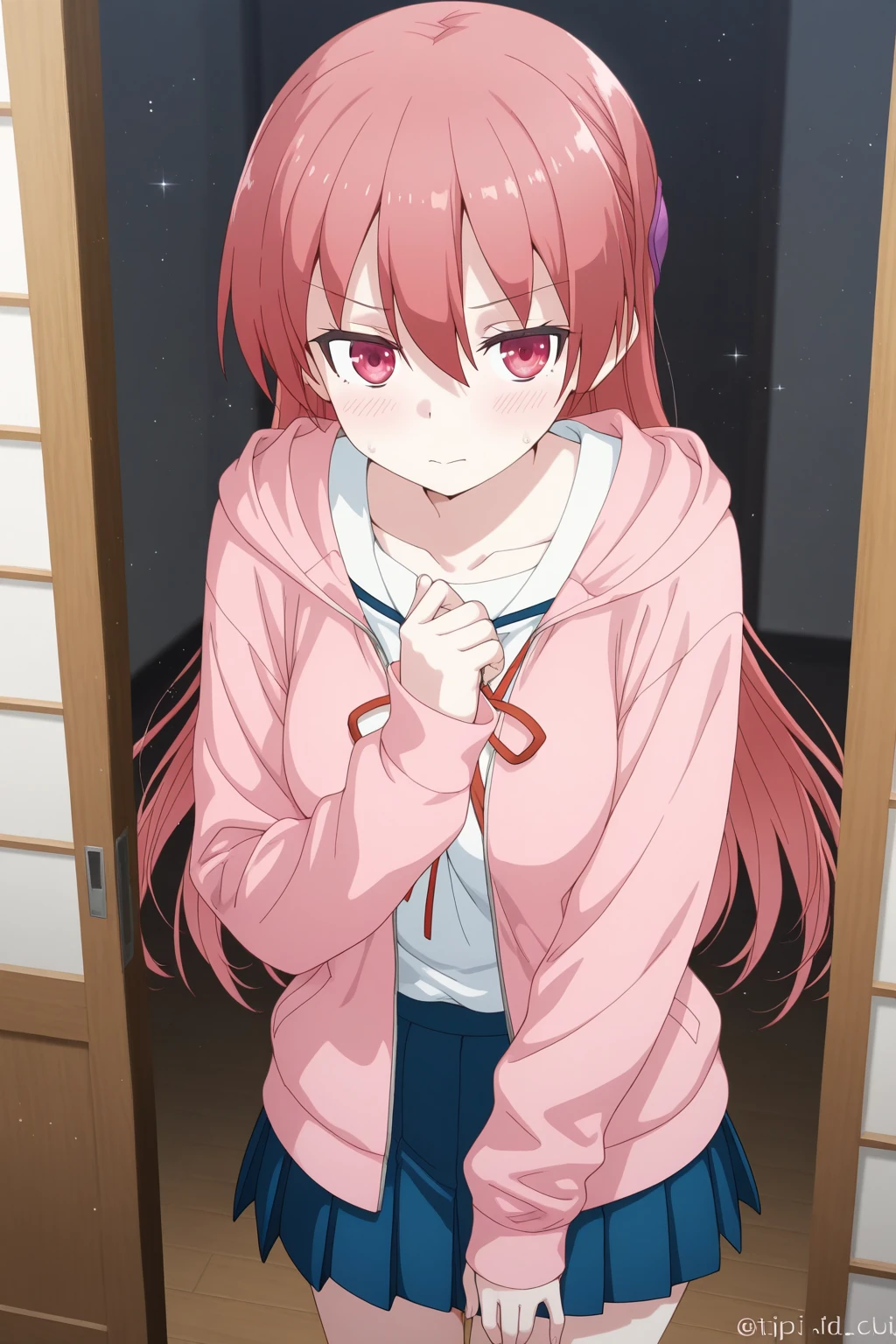 (masterpiece), Highest quality, Expressive eyes, Perfect Face (Blue Denim Micro Shorts), One person, ((Vacant room)), Cleavage, See through, good, Sweaty, Oily, Profile photo, luck_no_i-min style, Tsukasa, Place your hands behind your head, I can see the ribcage, Detailed abdomen, Underarm, Soft Light, The Graciousness of God, (Perfect hands, Perfect Anatomy), I'm smiling at you、Tsukasa, One person, alone, (masterpiece:1.2), (Highest quality:1.15), Very detailed, Perfect lighting, Japanese temple background, cherry blossoms,, In the same way, (red In the same way skirt:1.2), (white In the same way shirt:1.2), In the same way ribbon, (Alternative costume:1.2),