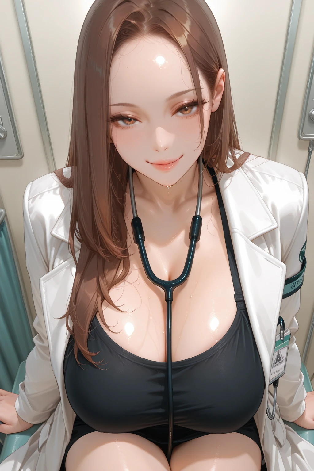 talian girl, 25 years old, wavy brown hair, tied in a ponytail, super breasts, white lab coat, green eyes, in a laboratory