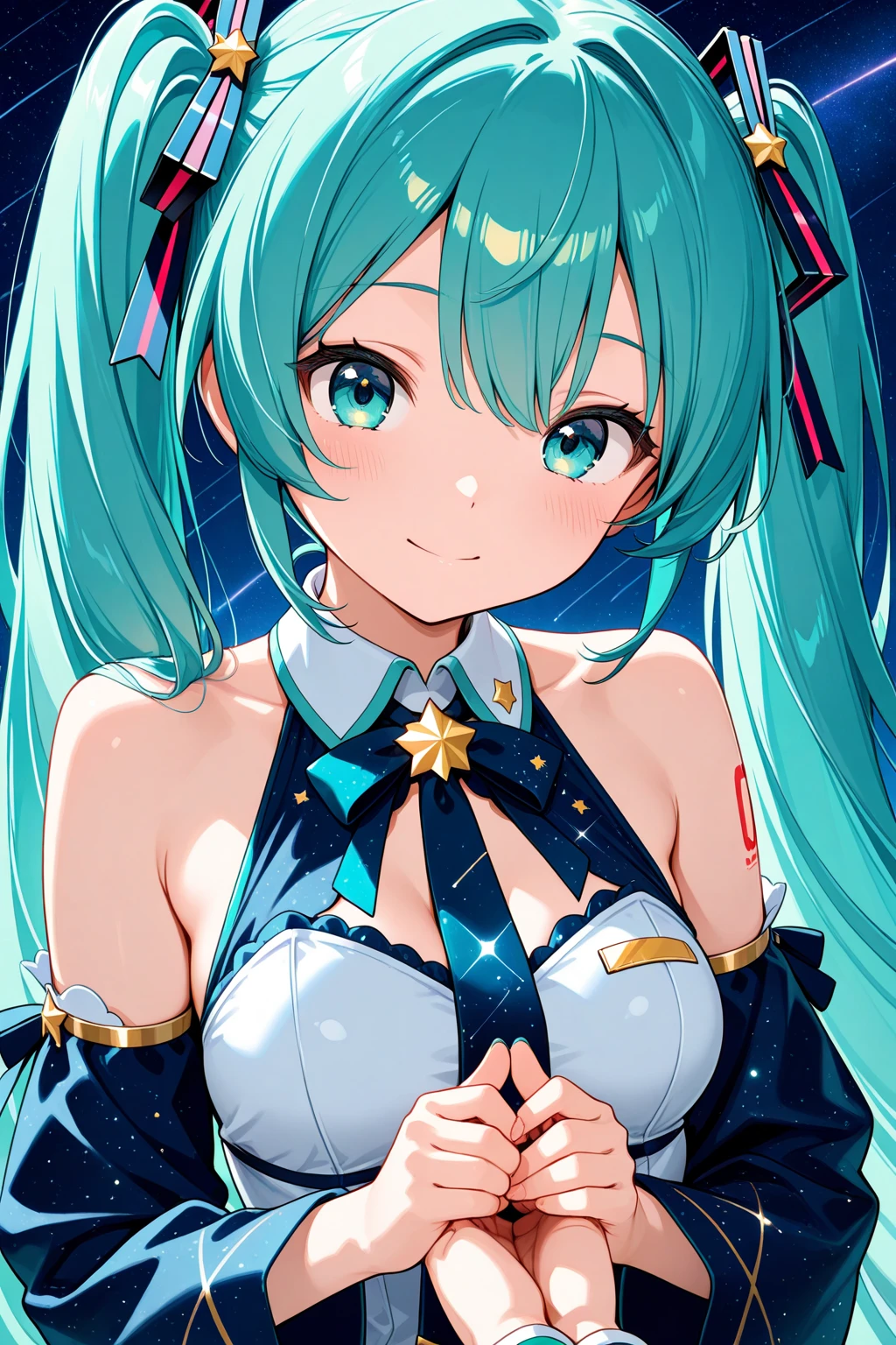 (masterpiece、highest quality、highest quality、Official Art、Beautiful and beautiful:1.2)、(One girl:1.3)Hatsune Miku、Twin tails,Beautiful breasts,Close-up of a woman with Rich and colorful hair and necklace, Space Hair Anime Girl, The soft vibrancy of Ross Drose, Goobs-inspired artwork, Fantasy art style, Rich and colorful], Vivid fantasy style, Ross Draw&#39;s cartoons are vivid., cosmic and Rich and colorful, Gweitz, Rich and colorful digital fantasy art, Great art style, Beautiful anime style, White skin, Chivalry Costume,