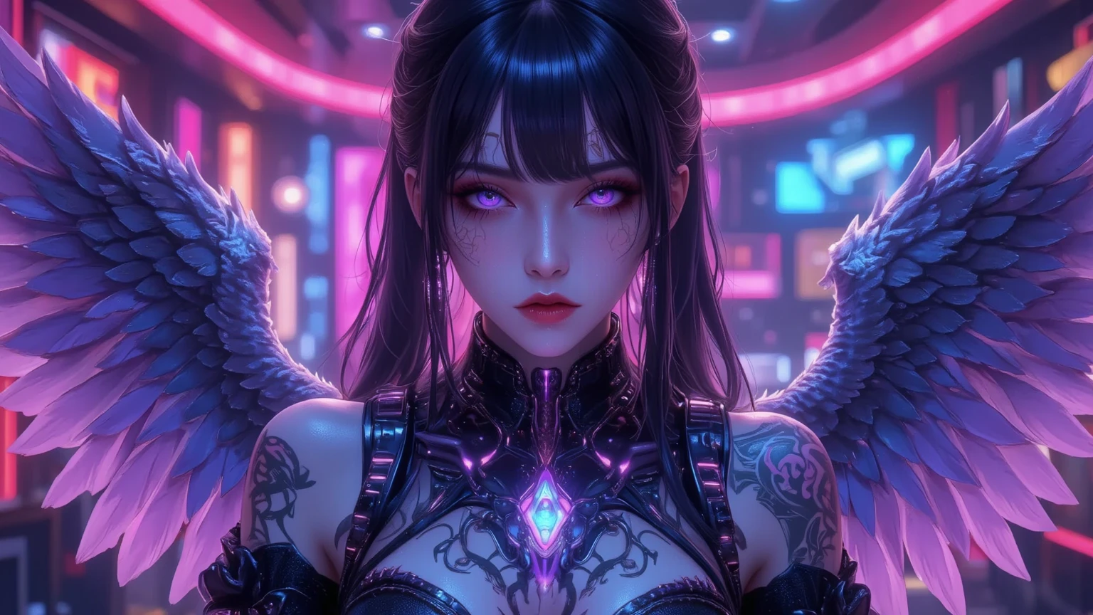 demon girl, perfect face, black hair, flashes, purple neon, purple lightning, night, ruins, soaring, ((sexy bikini)), dynamic lighting, high detail, complex background, neon, clarity. high quality 4k, (red horns), powerful woman, (seductive), (((kneeling))), ((((whole body)))), (evil), magic