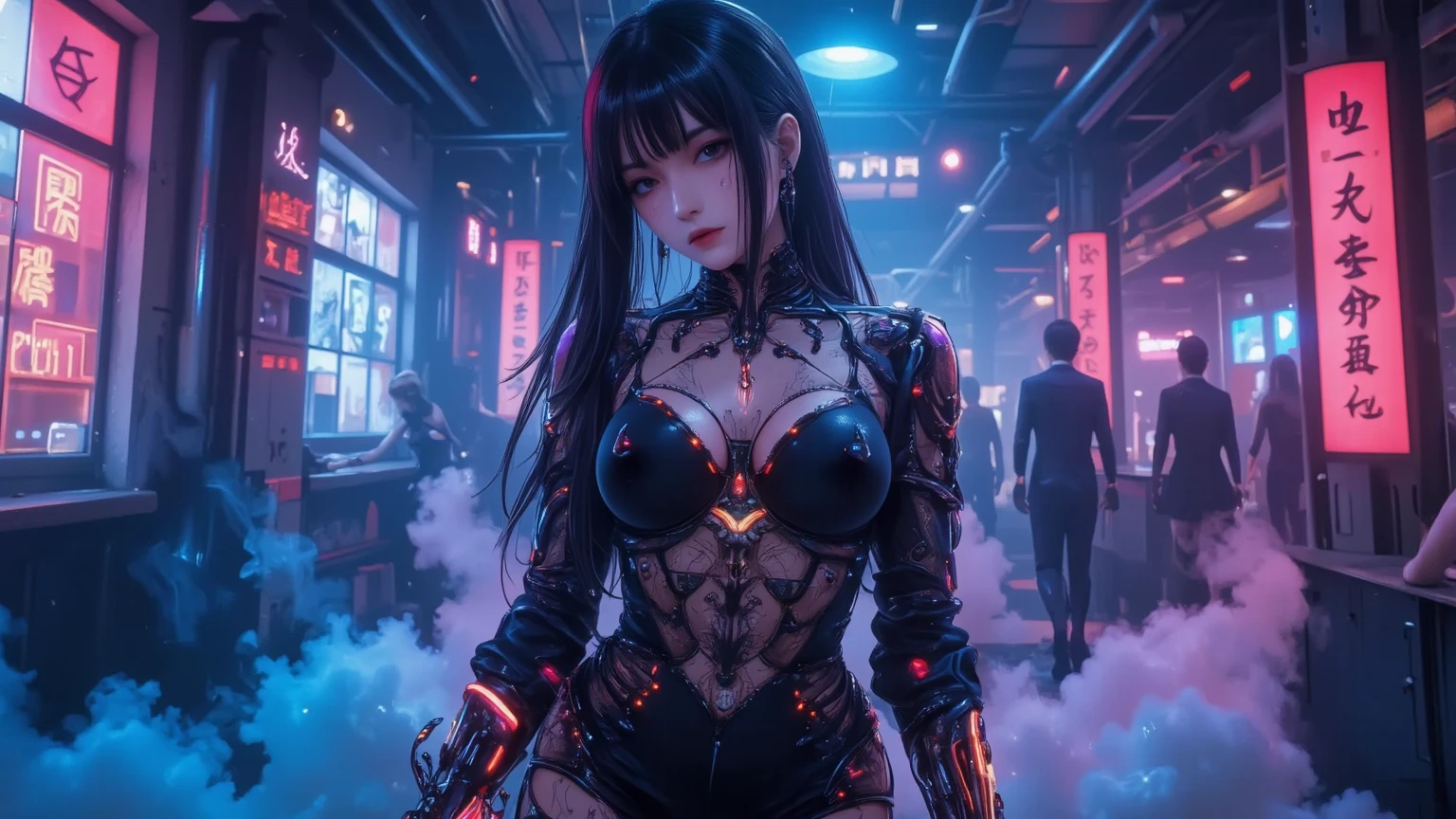 (SFW), Intricate details, 1 Girl, night, (Bright neon colors), ((Flying over the future cyberpunk city)), Detailed background, (Petite Girl, ((Cute perfect face, Bright glowing red eyes)), (Perfect anatomical structure, Petite and lively breasts), (#12: Extra Long Orange and White Ombre Hair, Hair blowing in the wind)), Delicate ribbed bodysuit, Scapula, Mechanical limbs, Dynamic Angle,