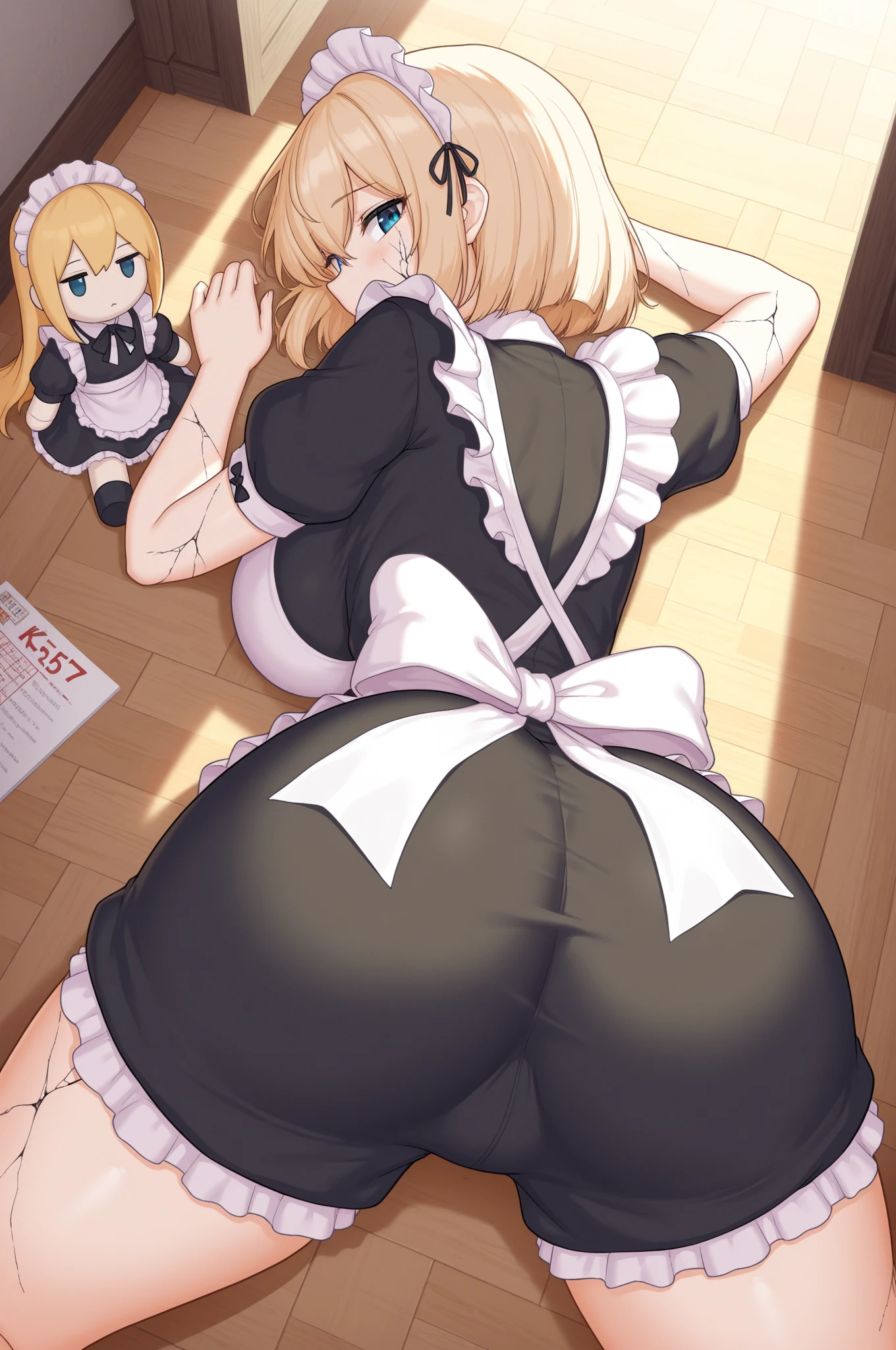 Excited expression, 1girl, anthro, furry, fur, fluffy fur, flareon girl, yellow hair (red highlights), black sclera, white eyes, short hair, Messy hair, (19 years), medium breast, thicc thighs, solo, (bedroom, mansion), sunset, detailed, smug smile, (maid dress, Fishnet stockings, maid wristband), pantyhose, from behind, hands on butt, score_9, score_8_up, score_7_up, score_6_up, score_5_up, score_4_up