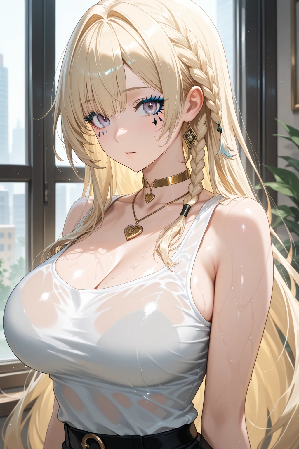 masterpiece, best quality, 1girl, solo, adult, blonde hair, long hair, earrings, pink eyes, detailed face, white crop top, large breasts, shorts, arm belt, infront of viewer, empty look, 