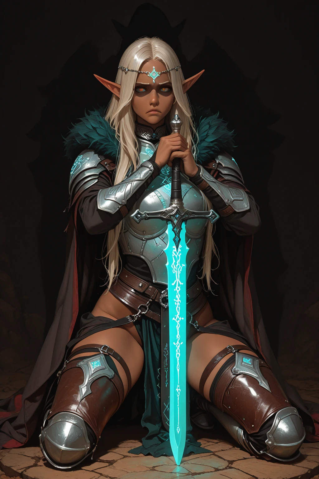 1 black female elf, long hair, white hair, elf ears, gray eyes, thin lips, round face, dark skin, huge breasts, wide hips, wearing elven battle armor, cold and arrogant look, standing on the battlefield holding a spear