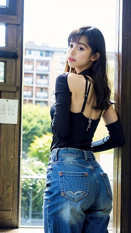 ((Highest quality, 8K, masterpiece :1.3)), Sharp focus :1.2, Beautiful woman with perfect figure :1.4, 1 Girl,Slim Abs :1.2, ((Dark brown hair,chest :1.2)), (White long formal shirt)(Unbutton your shirt.), Gray background:1.2, Highly detailed face and skin texture, fine grain, double eyelid,Beautiful Hands,Five Fingers,Fashion model posing,Full body portrait,Cowboy Shot,jeans,Cast a Shadow,Sitting on a chair,(shibari, Put your arms behind your back:1.4), (Put your hand on your back),