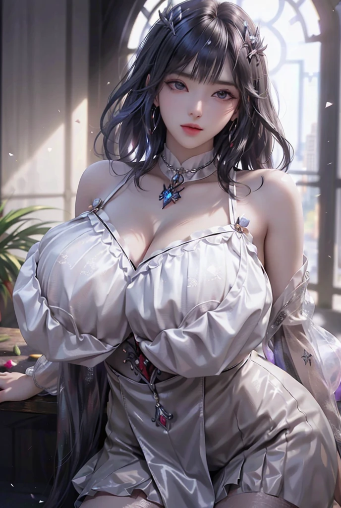 Dramatic composition, Court-style dress, royal, Gorgeous, Cascading frills, Ruffles, the bow, Crystal chandeliers, Roman curly hairstyle, Bonet, Tied into a double ponytail like a drill, Look at the camera, bangs, Maximalism, Palatial background, Delicate depiction of hair and eyes, Princess dress, Gorgeous dress, Flowers in hand, ssmile, Starry eyes, Cinematic light, Extreme detail, High definition, Happy girl, Very long hair, diamonds, Broken diamonds, Crystal fragments, Light particles，(((huge tit，gigantic cleavage breasts)))