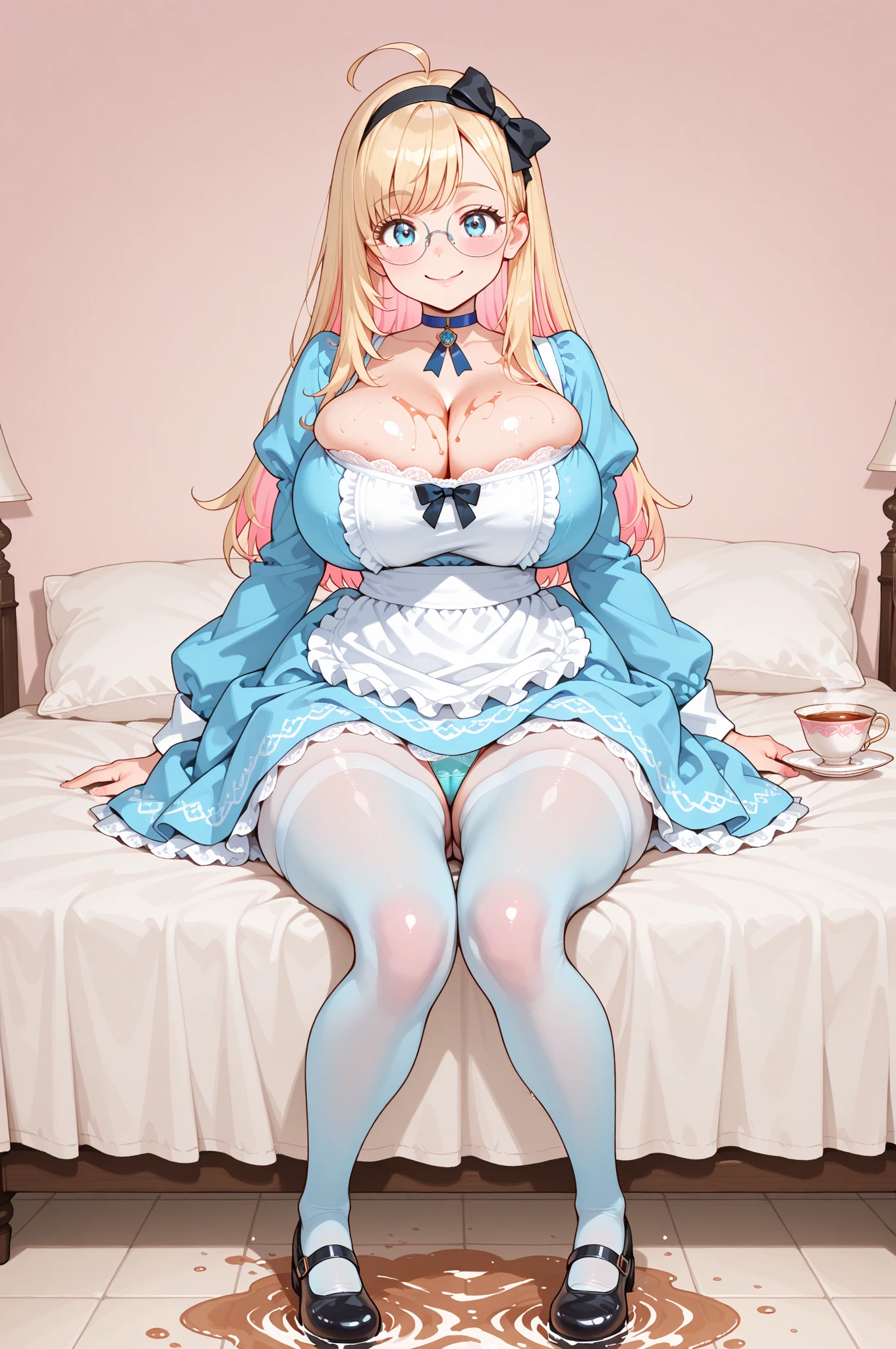 Beautiful pregnant female maid, mature, bunny ears, wants to have sex with me, cleavage, maid dress, blonde hair, pregnant