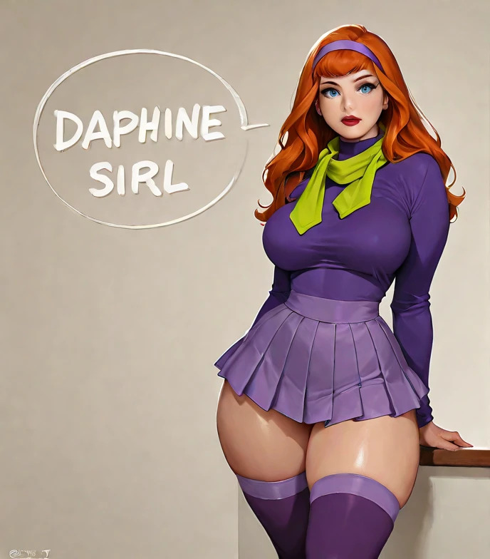 1woman, long curly brown hair, purple beret, perfect eyes, make-up, yellow eyes, purple lipstick, flirty face, black necklace, purple and black low-cut latex dress, long black stockings, purple heels, purple bag, big breasts, big ass, burdel background