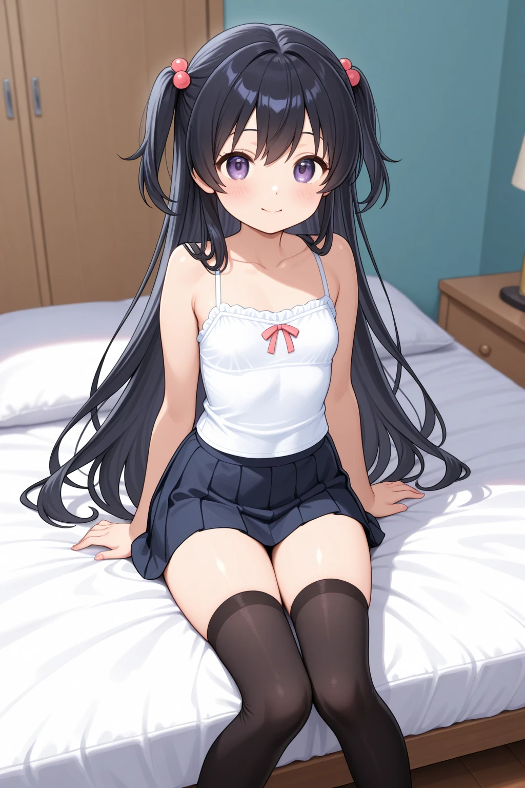 portrait photo of a 20 years old woman, shy, brown hair, sitting, spread legs, (see-through transparent thigh high stockings, transparent white pantyhose), bedroom, (different clothes) ,(low angle, shot from feet:1), (posing to viewer),