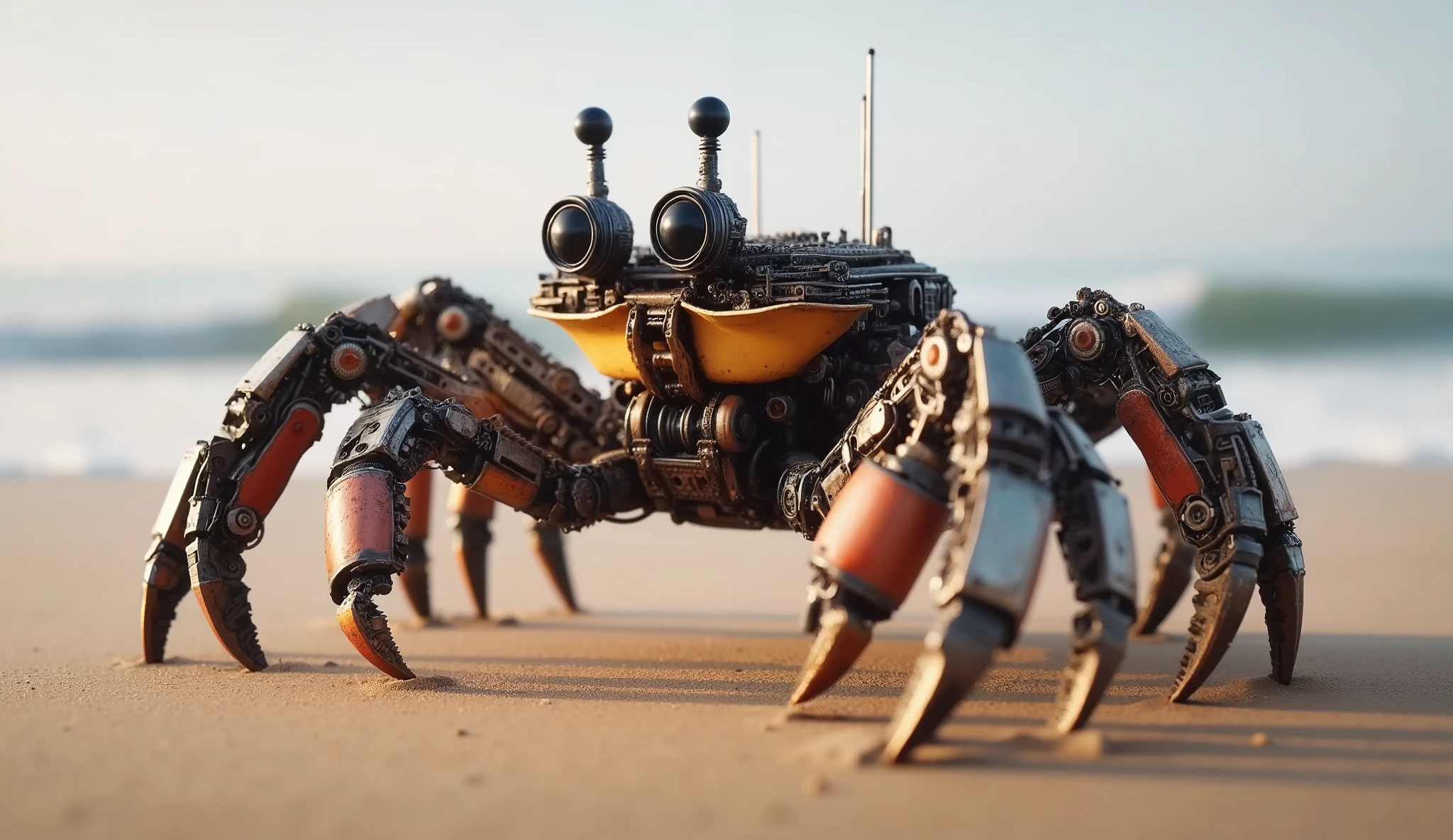 The image depicts a highly detailed, steampunk robotic crab in desert. The crab is made of an intricate set of metal parts, fun, and, with weathered, industrial look. Its body has a yellow-orange shell, , and its legs and claws are decorated with black and silver components, including large, ball joints and small mechanical eyes on stalks. The action takes place under a soft, Natural light, , in apocalyptic desert