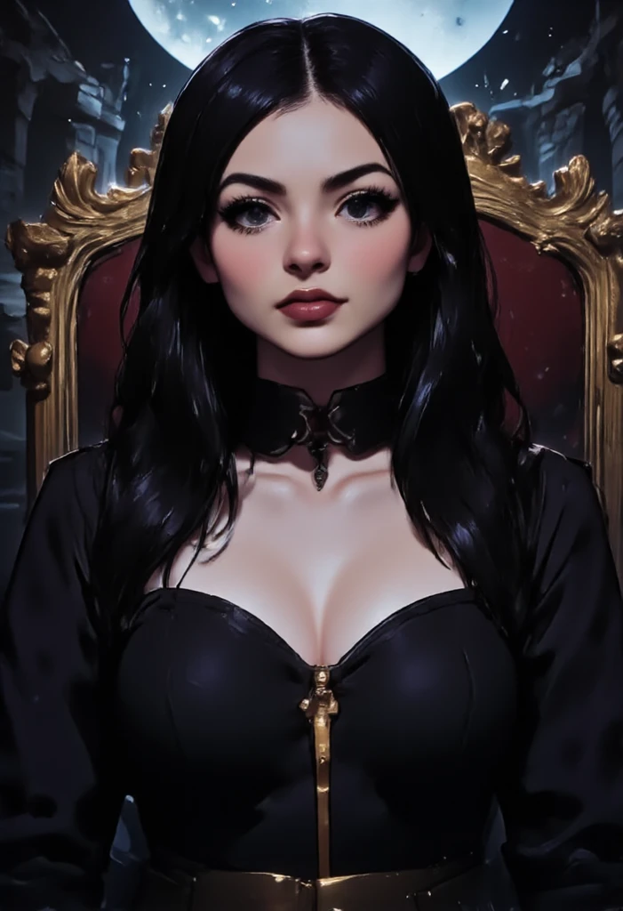 A young woman with long black hair styled in two braids and wears minimal makeup with dark eyeliner, black lipstick, sexy goth, Wednesday Addams (Jenna Ortega). Jenna Ortega as Wednesday Addams. The setting is a old Victorian bedroom with McCabe ornate decorations with a (Duotone {red and black]) silk bedspread. Painting on the wall of famous monsters taking a family photo. She is wearing black ornate fabric choker, black corset, black short feathered dress with black stockings. A peculiar, lifelike severed hand is placed on the bed next to her, adding an element of mystery. The lighting is eerie, coming from an unseen source, creating a since of mystery and intriguing atmosphere. Hyper realistic photo, vibrant colors, 16k.