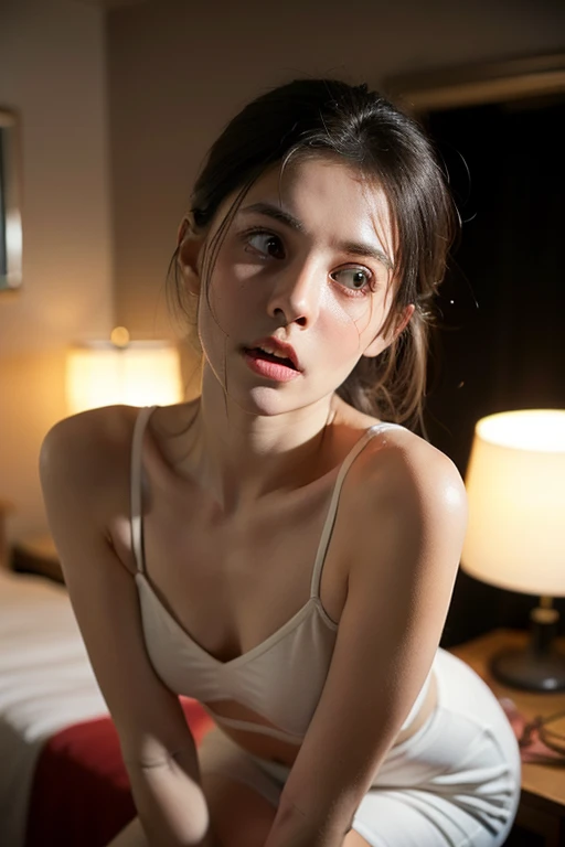 close-up photo of 16 year old girl looking back, naked, sweet, cute, face close-up, no makeup, open mouth, realistic eyes, long silky brown hair, very long hair, light brown hair, light brown hair), she is looking back with fear and sadness, sad, crying, She is in the closet, in the room, upper body, photo from below, top angle, face close-up, close-up photo, skin texture, realistic , no clothes, naked, close angle, looking back, very sad. A photorealistic image, higher quality resolution, better cinematic lighting, intricate details and sharp focus. couple looking at each other, detailed texture in 8K HDR image. (CINEMATIC masterpiece:1) (beauty par excellence),