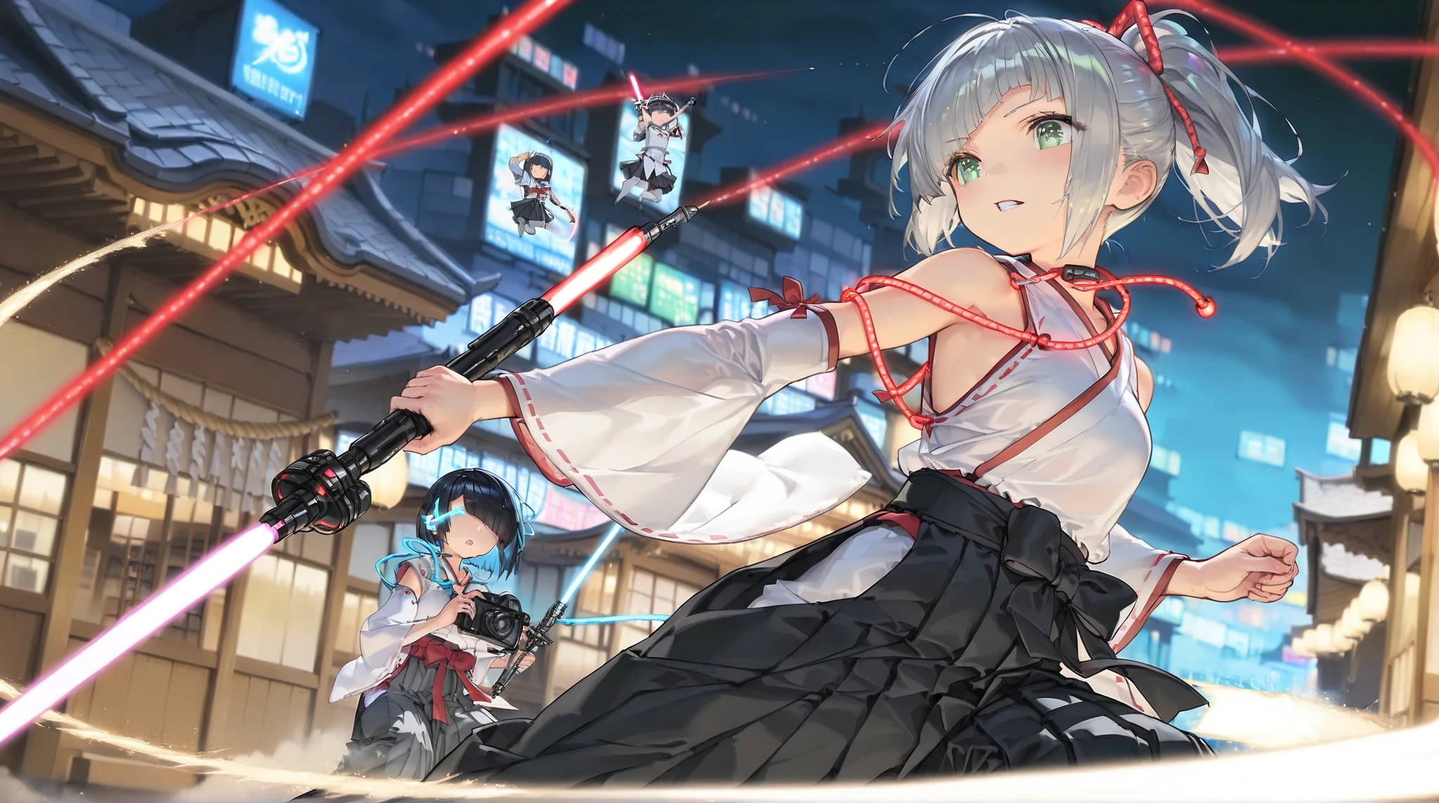 Battle Shrine Maiden(high resolution masterpiece, high resolution, High Accuracy in Selection, high resolution, top quality:1.2) (Cook Hold Subjective(masterpiece:1.5)super definition, high resolution, 8k) middle ponytail, diagonal bangs, hair covering eyes:1.3, Beautiful green eyes, middle ponytail, droopy eyes, small breasts, Japanese shrine maiden uniform, action pose, Futuristic lightsaber, lightsaber has glowing wires, neon laser blade sword, fantasy shot with a mirrorless camera,Sparkling Highlights, ((modest gray small sleeve, modest black hakama)), Bare Shoulders, futuristic city background