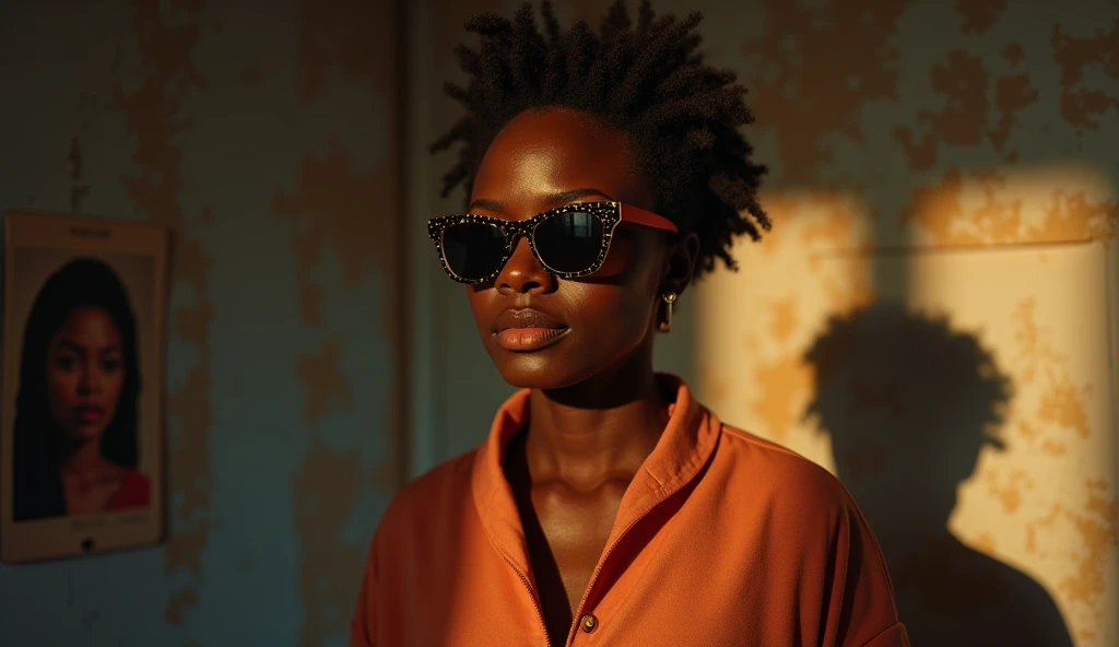 photo RAW,((close-up) African character design,vogue, prada, versace, Square Sunglasses, glamourous, fashion world, editorial, fashion, magazine shoot, fluff, dreamy glow, extraterrestrial, fantastic realism, kitsch outfit, sunrays, pastel,cotton dof, (composition centering, conceptual photography),luminogram, sharp focus, colorful, clear, detailed), masterpiece, award winning photography, natural light, perfect composition, high detail, hyper realistic,lens flare,Timeless Elegance, Classic Tones, Refined Lighting, depth of field,sharp focus
