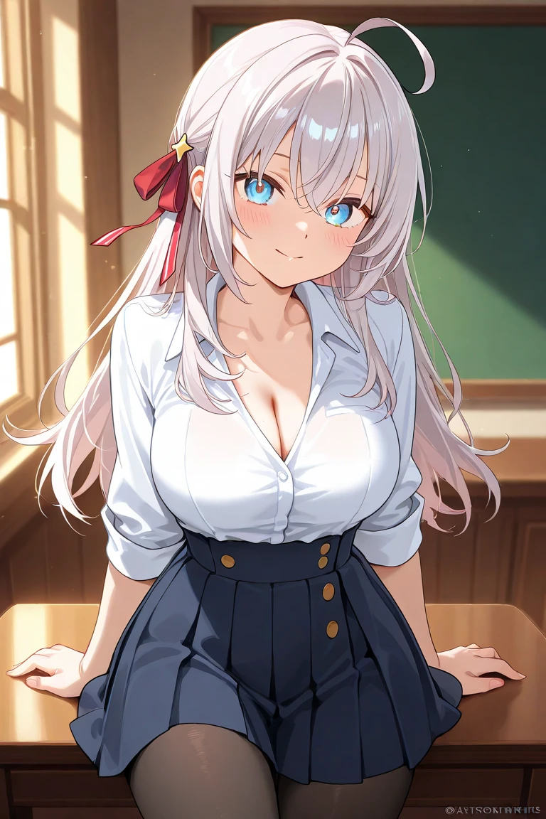 4k, Extremely detailed HD,( Detailed faces), sparkling white hair, blue eyes, big breasts, big thighs,White shirt, short skirt, sit, look at the viewer, laugh 