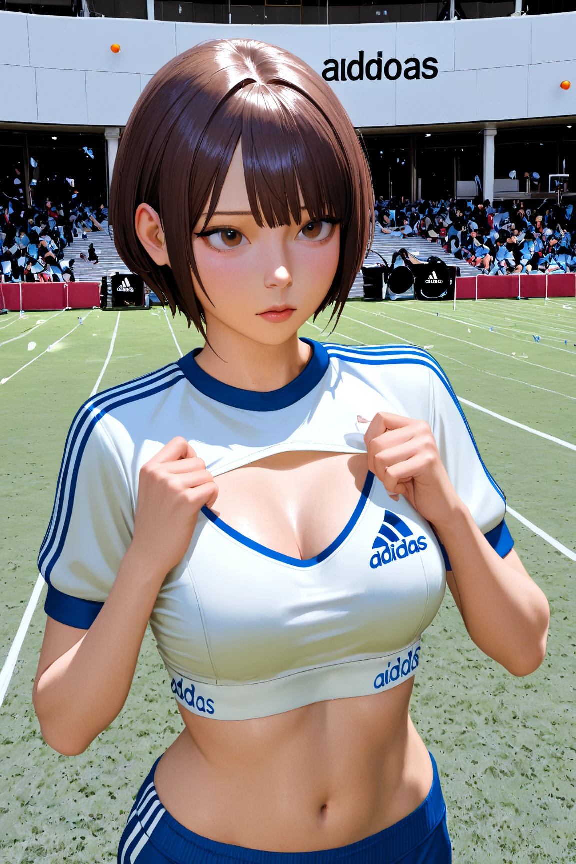 best quality, high quality, ultra quality, 8k, masterpiece, detailed, extremely detailed, insanely detailed, ultra detailed, ultra highres ,exquisite, lifelike Images,cinematic experience,UHD picture,Realistic,photorealistic,hyperrealistic,vivid,RAW photo,shot by DSLR, 
one girl, upper body,half smile, (Roman Colosseum), Gladiators, fighting stance, crowd of spectators,Large crowd,(Olympic Flag),Olympic symbols