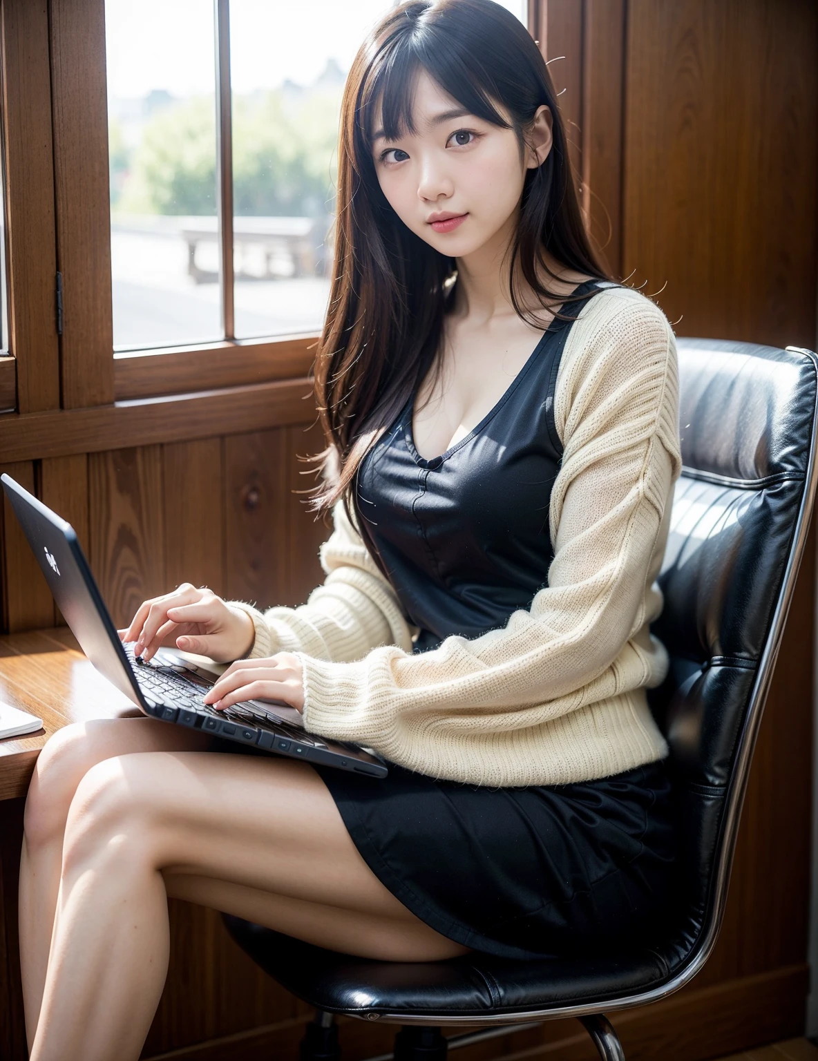 ((Highest quality, 8K, masterpiece: 1.3)),RAW Photos,Realistic atmosphere,Lens flare, Ray Tracing,(Detailed beautiful white skin:1.3),Beautiful Japanese, shiny light brown hair,Beautiful breasts,(Sexy facial mole),He is sitting on a chair in a stylish cafe and operating a computer,Angle from below、Angle from behind、Lightweight strapless knit,Lightweight knit dress with off-the-shoulder sleeves