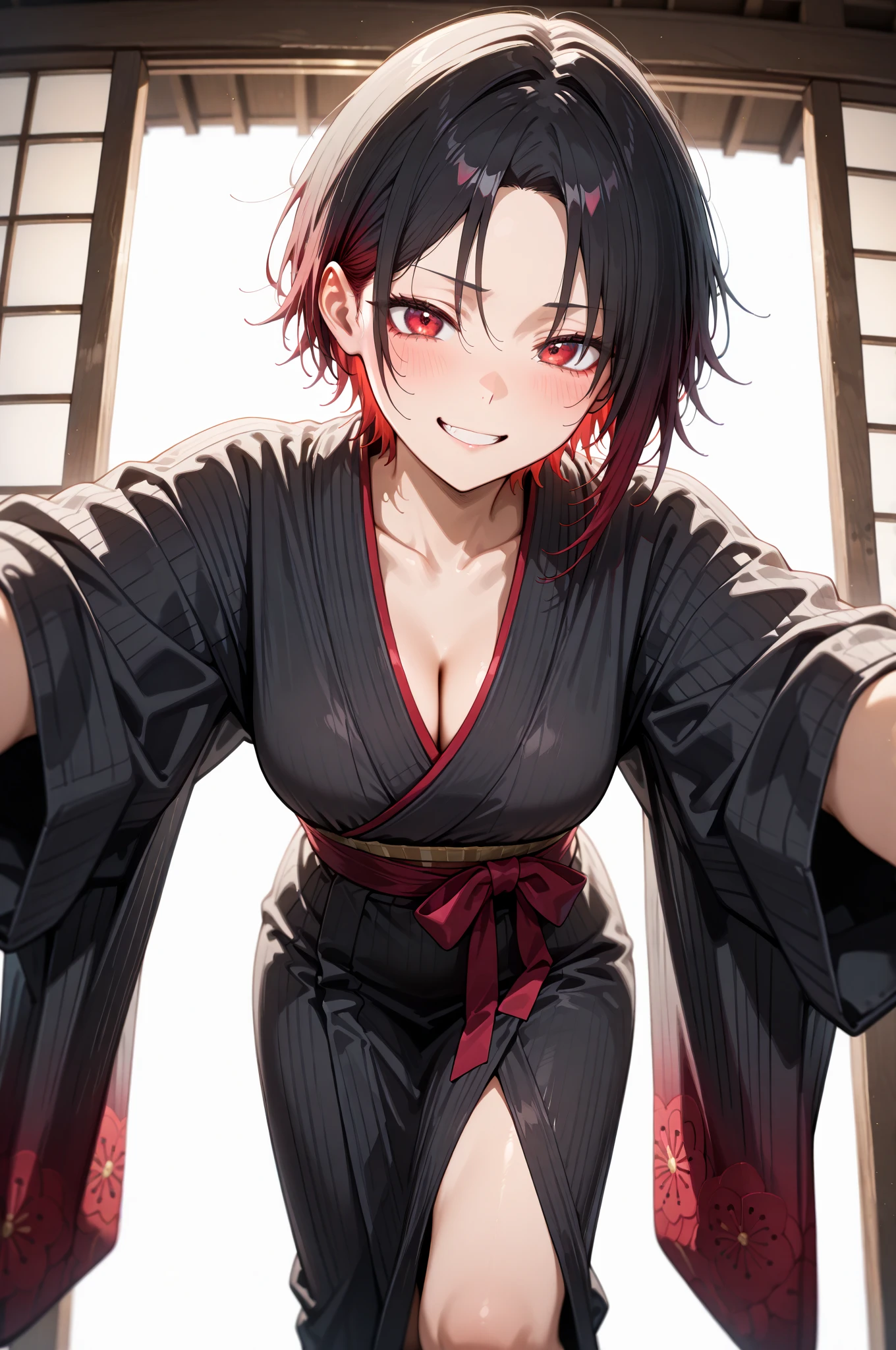 Young guy, short black hair, Cat's ears, red eyes, Kimono Kombat, open torso, Tatoo, Burns, ssmile, Masterpiece, hiquality