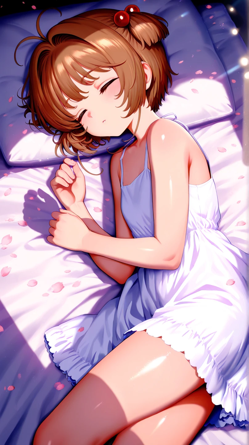 1 Girl, Top Quality, Masterpiece, Ultra High Resolution, (Photorealistic:1.4), RAW Photo, 1 Girl, Short Haircut, See Through Spaghetti Strap Shirt, Film Lighting, Half Body Portrait, Half Body Shot, Bedroom, Naked But covered with blanket, short cut, whimsical lighting, enchanting atmosphere, bokeh, dreamy decoration, whimsical lighting, enchanting atmosphere, sleepy face, eyes closed, lying on futon, pillow hug