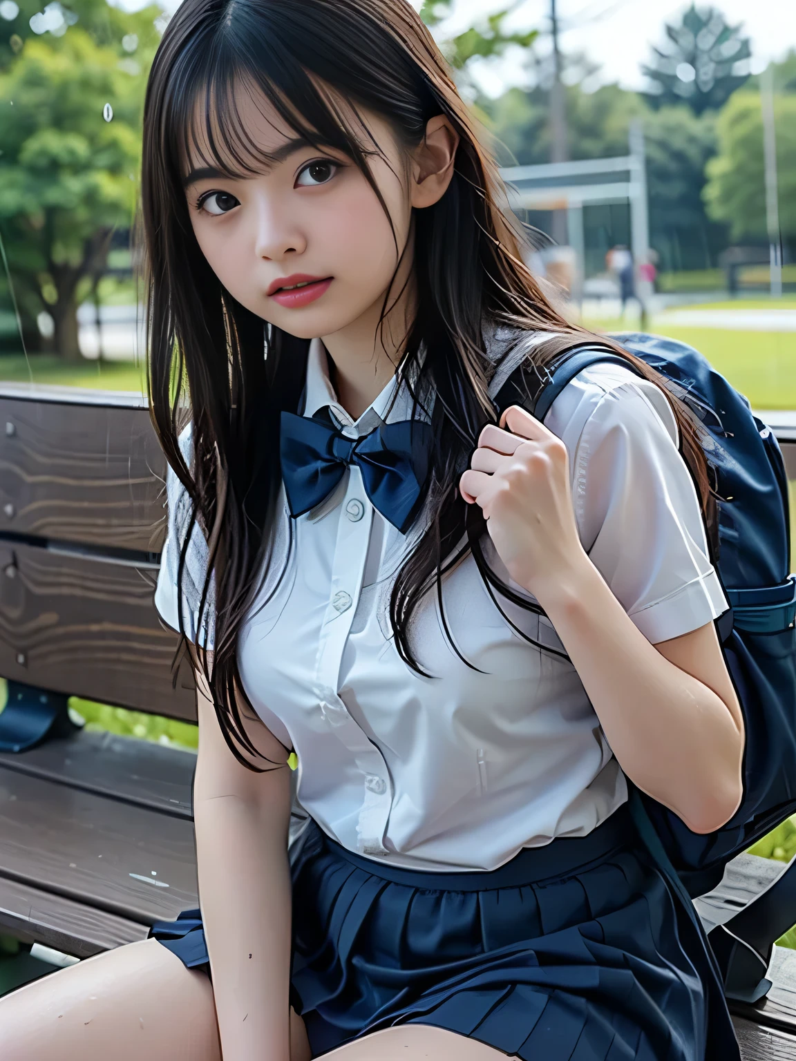 Alafed Asian girl sitting on bench in school uniform, Surrealism female students, girl in uniform, Surrealism female students, Beautiful Anime High School Girls, Wearing a Japanese school uniform, Realistic schoolgirl, in school uniform, Japanese school uniform, in school uniform, cute female student, japanese girl school uniform, portrait of high school girl, Female Student