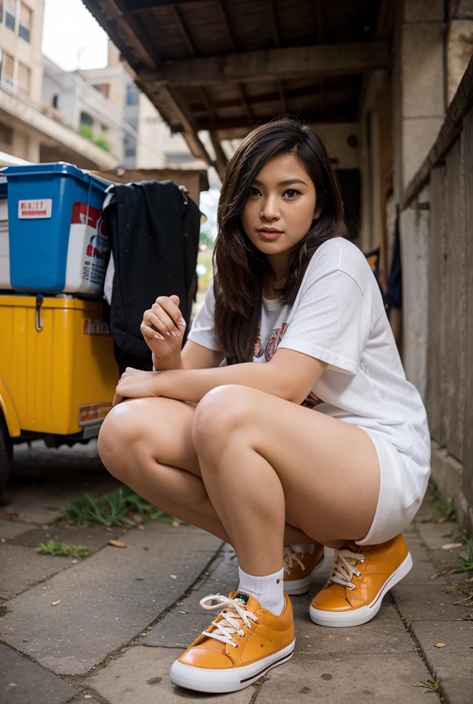 beautiful woman,pretty lady MoonLay, elegant korean model,smooth face skin, Ulzzang hair,Ulzzang makeup,double eyelids,Big eyes,flashy makeup,Semi-long,black hair,business woman,high class female secretary,night,outdoors,darkness,Southeast Asia slums,Slum Street,In the real night, in a dark alley,Narrow back alley,Between Buildings,Back alley of slum entertainment district,There is a lot of garbage on the street,There are rats and cockroaches,Empty cans are falling,Filth is falling,dirty and damp ground,A bunch of tramps are behind me,Garbage dump,wet ground,In the real night, in the back alleys of the slums,In the real night,Elegant black wool business suit,black wool jacket,white collared shirt,amazing big breasts,big breasts,sexy cleavage,Tight skirt made of elegant black wool fabric,barefoot,sexy legs,sexy thighs,Leather Pumps,long legs,sitting in the trash can,汚いsitting in the trash can,Metal trash can sitting in the trash can,sitting with legs apart,Legs wide open,Opening her legs and showing her shorts,showing red shorts,Panty shot,looking at the camera,facing forward,facing this way,Angle from your feet, Angle from below, Angle looking up from below, Crotch show off,midnight,dark,