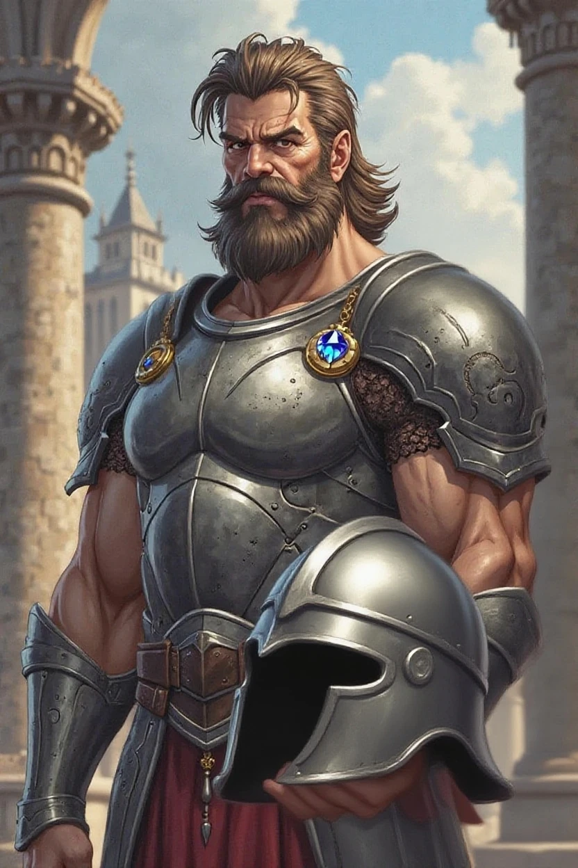 burly virile bulky man, overmuscular and musclebound, bulging veiny muscles, broad shoulders, wide chest, overly thick arms and legs, thick body, a hulking figure with swelling muscles, a long bushy beard, grey hair, a knight wearing armor, high detail, medieval fantasy, realistic, dramatic lighting, dynamic pose, armor details, by Greg Rutkowsky and Boris Vallejo, 4k resolution