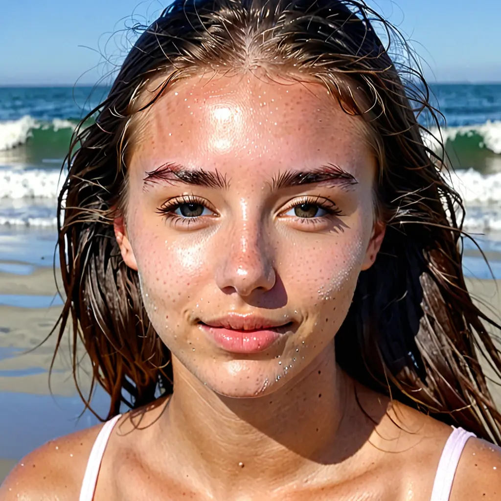 ((best quality)), ((masterpiece)), (detailed), very tall 1 girl, all natural face, no make-up , natural eyebrows, laughing, on beach, big head, very skinny, perfect skin, wet, wet hair, full body, cute nose and mouth and eyes, five fingers, sunbathing on the beach, laying down on a blanket, naked