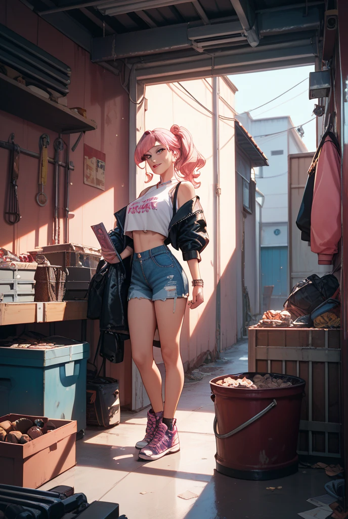 (Highest quality、8k、32K、masterpiece、Hmph:1.3)、(Photorealistic:1.4),((Shoot from the front,Looking at the audience,(whole body:1.5),)),((18-year-old punk girl,Unusual punk hair、Bright black and pink hair:1.3)),((Pink and black punk fashion、Flared mini skirt、Micro Bikini:1.5))、((He is holding a pink electric guitar in his right hand..:1.5)、Clothes with studs、Stuffed rabbit、Back backpack、Wacky makeup、A desolate town soaked in rain,Puddles on the road、(Cinema Lighting)、Written boundary depth,Blurred Background、