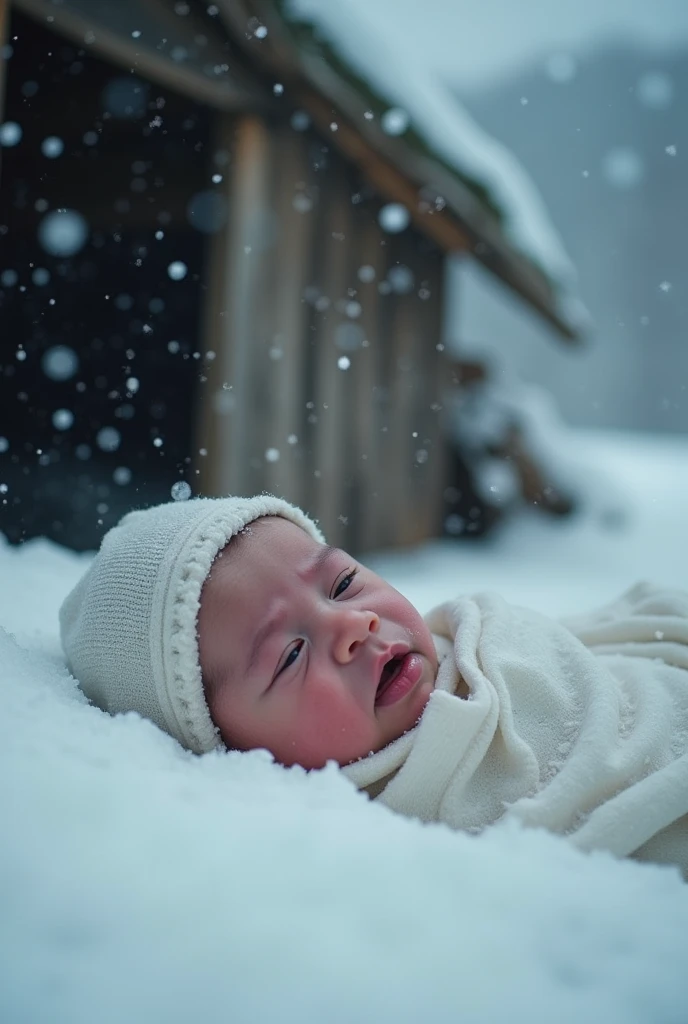 newly birthed baby lies on the snow wrapped in rags and furs in the snow covered forest at midnight, medieval Hungary, snow falls heavily, night, scene from a horror film, 8k, ultrarealistic, cinematic, cinematic scene from film