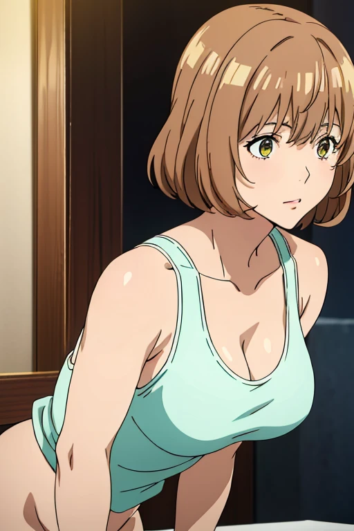 (Best Quality, masutepiece, High resolution, anime screen cap, anime colours), Brown hair, Yellow eyes, Yuriko Aoki, Embarrassed look:1.3, (large breasts with drooping:1.8, cleavage), (Thin fabric, White tank top:1.8, no-bra:1.5, Wide open chest), Slimed, Lower your arms, squeezing breasts:1.5, Leaning forward, Upper body, Bedrooms, (Perfect Anatomy, perfect detailed body, Eyes and hair in beautiful detail, Beautiful breasts and skin),