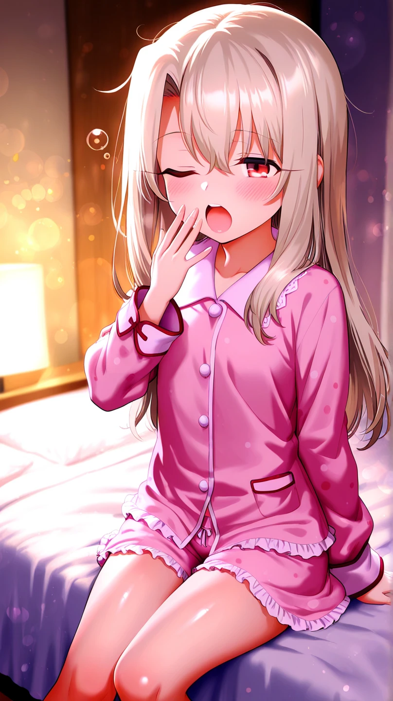 1girl in、A smile、A delightful! Cute Pajamas、dressing gown、(small tits)、Sleeping in large letters、Upper body portrait、