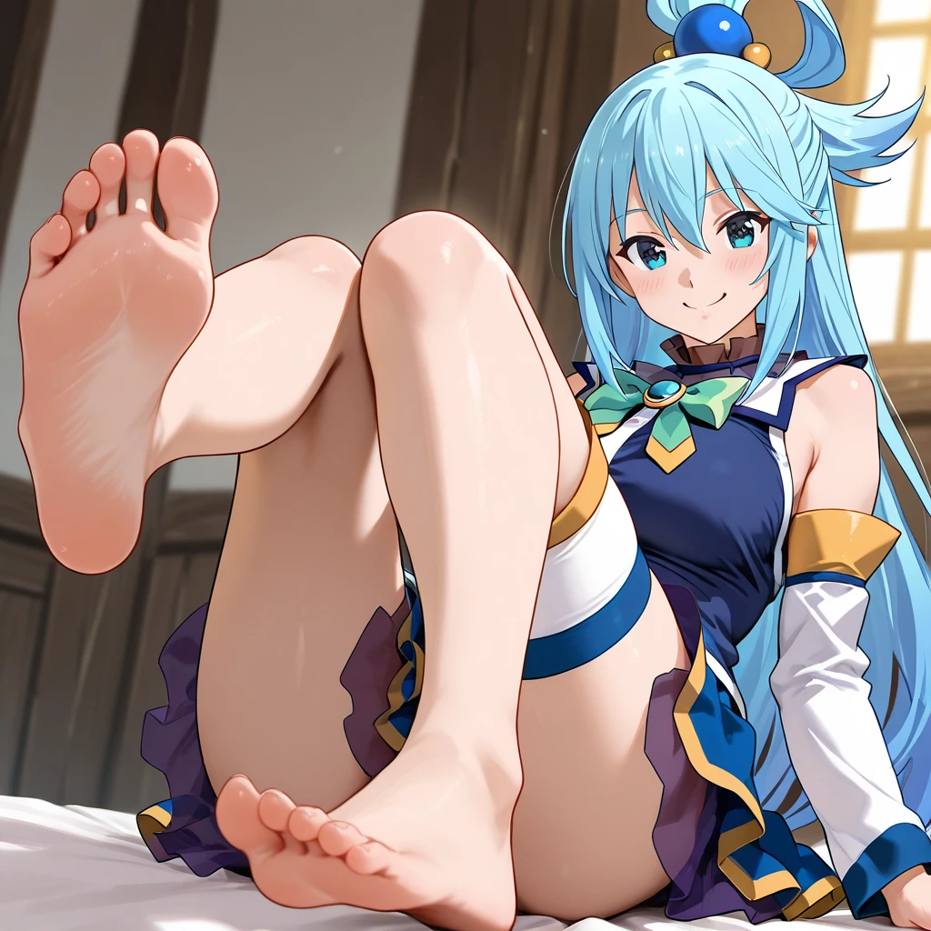 masterpiece, Highest quality, 1 Girl, Lum、 Mature、Sailor suit、Navy Skirt、Sit down、Watching the audience、Show the soles of your feet、 From below, I can see her panties, anime, blush, sexy、 High definition、 smile, Yellow neckerchief, Focus on the soles of your feet, Bedroom
