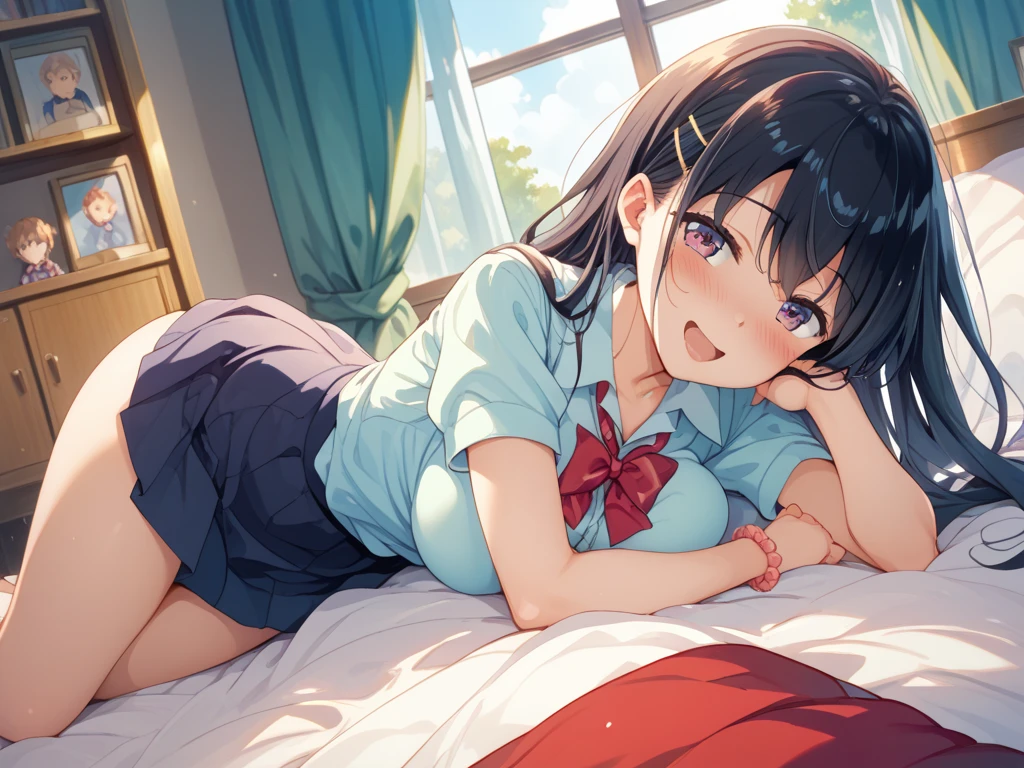 Japanese woman in a school uniform with large breasts lying on a bed in her room.