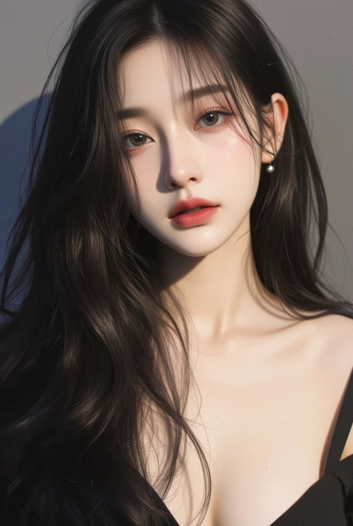 「high resolution, Clear front image、Shot in a well-lit studio。Do not block facial features、Eye、nose、Mouth、Make sure your ears are clearly visible。The face should be expressionless and the Mouth should be closed.。The model is a Korean beauty.、Have a neat face。Hair should be shoulder length、Natural colors and styles。Skin evenness、Simple background。The overall atmosphere is simple.、No extra decorations or props。」Dress more formally、but don&#39;t&#39;Don&#39;t forget to be sexy