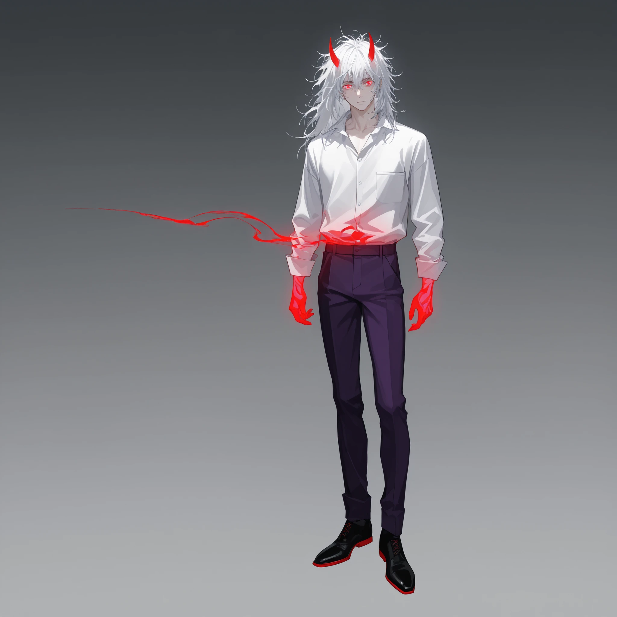ikemenboys, full body, white messy haired male with glowing red eyes, sleek curved red horns, purple Tokkō-fuku, handsome,