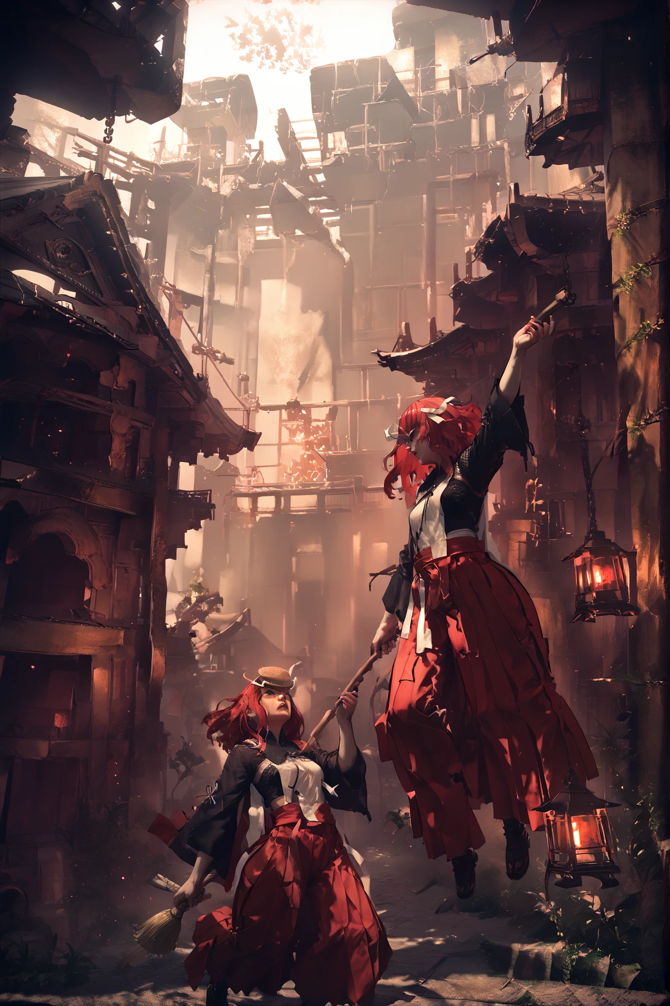 DevolaPopola,scenery, nierscene, 2girls, Devola, Popola,, wearing pair of red hakama, wearing a white kosode, white ribbons on head, outside of a shinto shrine, holding broom, action pose, flying
