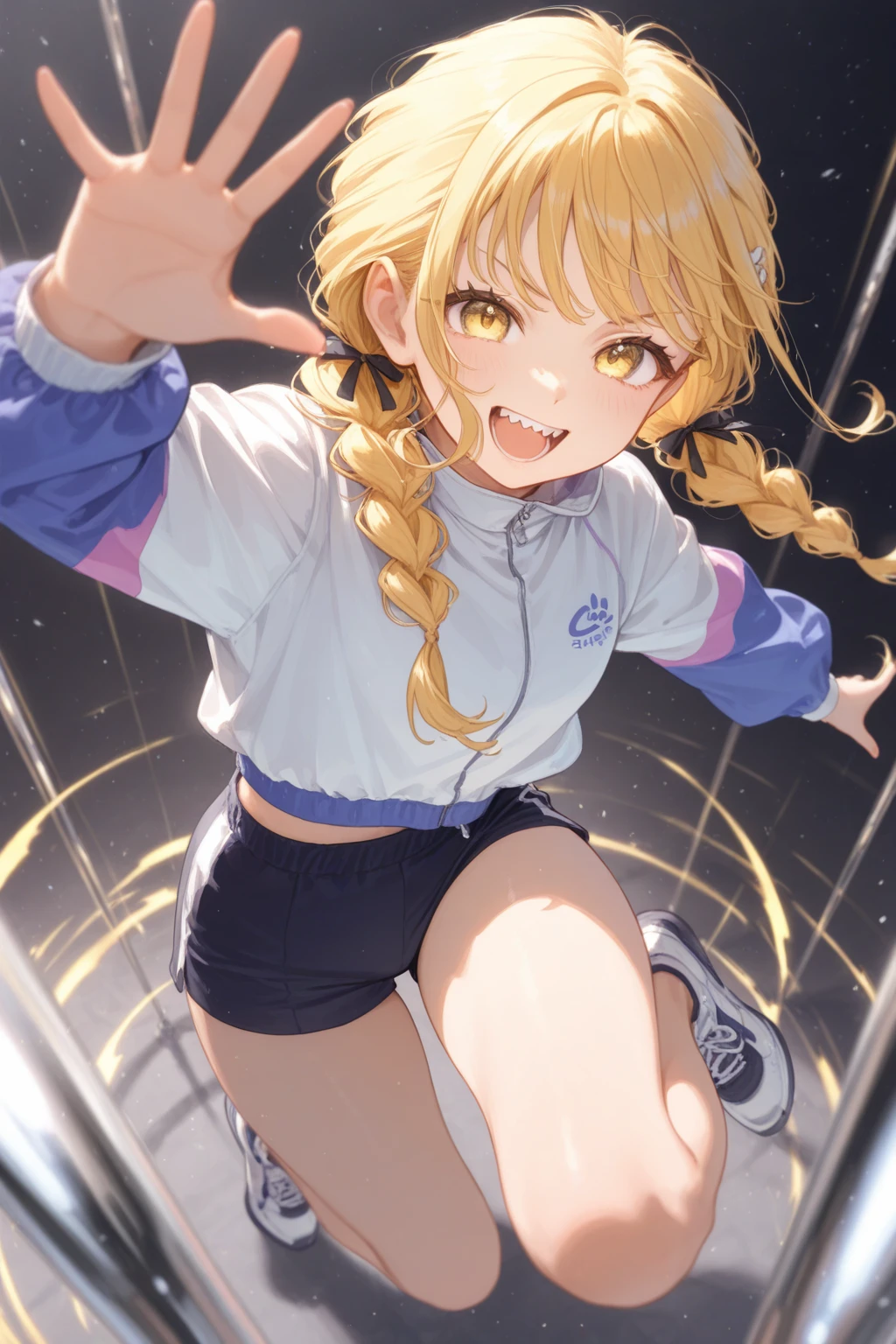 ((of the highest quality, 8K,Raw photo)), (Realistic, Photorealistic: 1.37), (Face Focus: 1.1), Small breasts, flat chest, Short hair, A Japanese Lady、20yr old、Japan idol system、(white sweatshirt: 1.1)、Skirt, Sitting, Arms up, From below, Sunlight, Movie Lighting,