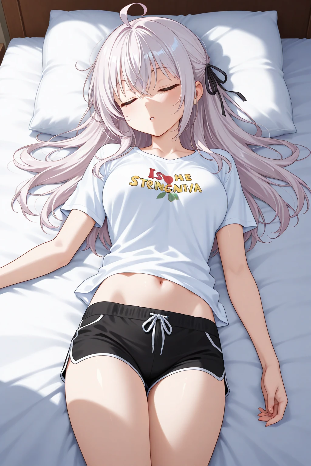 masterpiece, best quality, high resolution, best illustration, super fine illustration, (official art:0.7), (anime screencap:0.8), detailed beautiful face and eyes, anime keyvisual, (perfect anatomy:1.2), nice hands,
1girl,
long hair, low-tied long hair, braid, crown braid,
white hair,
(purple eyes:1.2), (beatiful detailed eyes:1.2),
(pointy ears:0.8),
flower, hair flower, hair ornament, hair ribbon, white flower, x hair ornament,
medium breasts,
(gym uniform ,red buruma, white shirt, short sleeves, thighs:1.3),
looking at viewer,
cowboy shot, (naughty :1.3),(slut:1.25),(vulgarity:1.25),
natural light, BREAK background of indoor, lie on the bed, spread legs, nsfw,