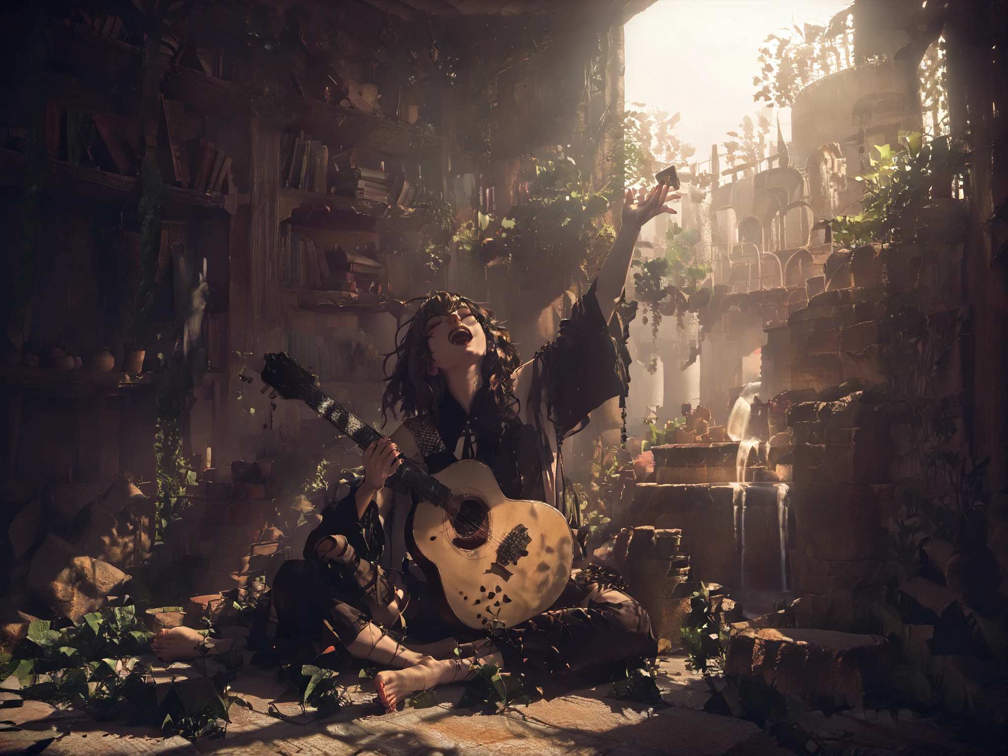 DevolaPopola, scenery, nierscene, 1girls, Devola, sitting by an ancient water_fountain, outside of a stone library, holding guitar, singing